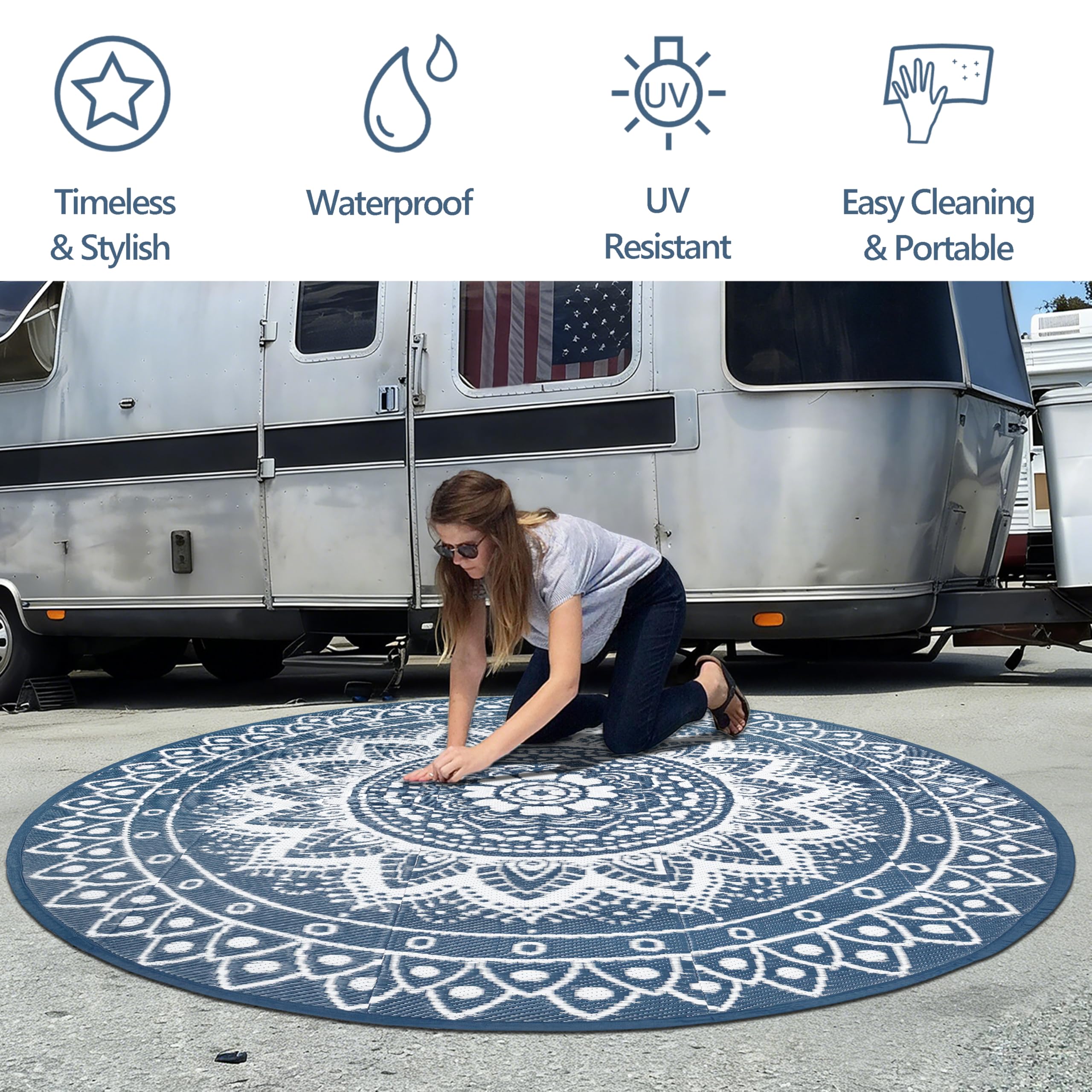 Tapis d'extérieur Rond pour terrasse 240cm réversible imperméable et Pliable bohème pour Camping-carTapis de Pique-Nique et de Camping pour RV, Balcon, Plage, terrasse, Bleu/Blanc