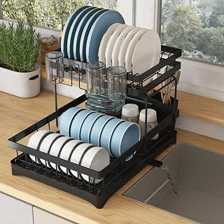 COVAODQ Dish Drainer Rack,2 Tier Dish Drying Rack Drip Tray,with Removable Drain Pan&diversion drainage(Black)