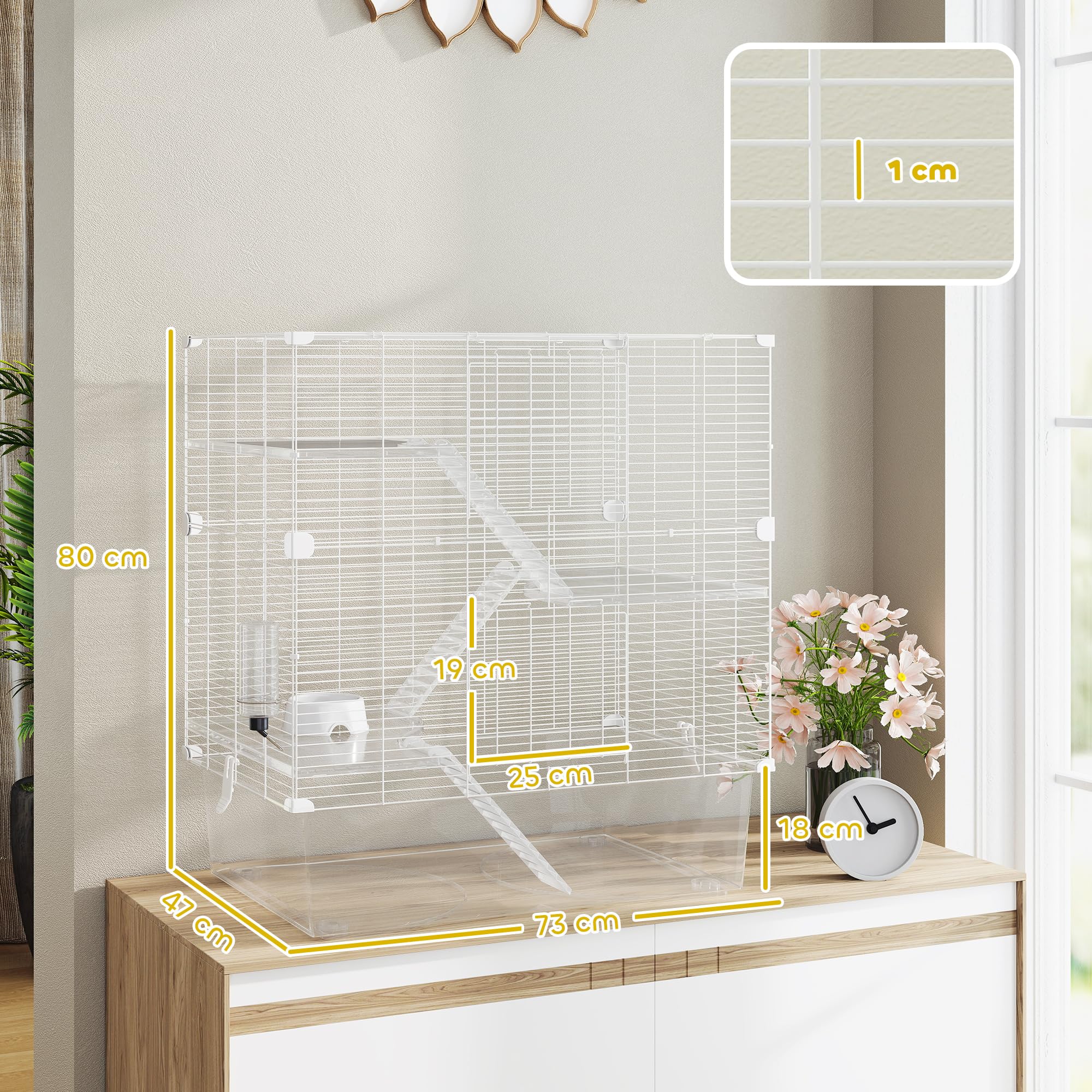 PawHut Gabbia per Roditori Multilivello con Accessori Inclusi, Gabbia per Criceti in Acciaio, PET e PS, 73x47x80 cm, Bianco