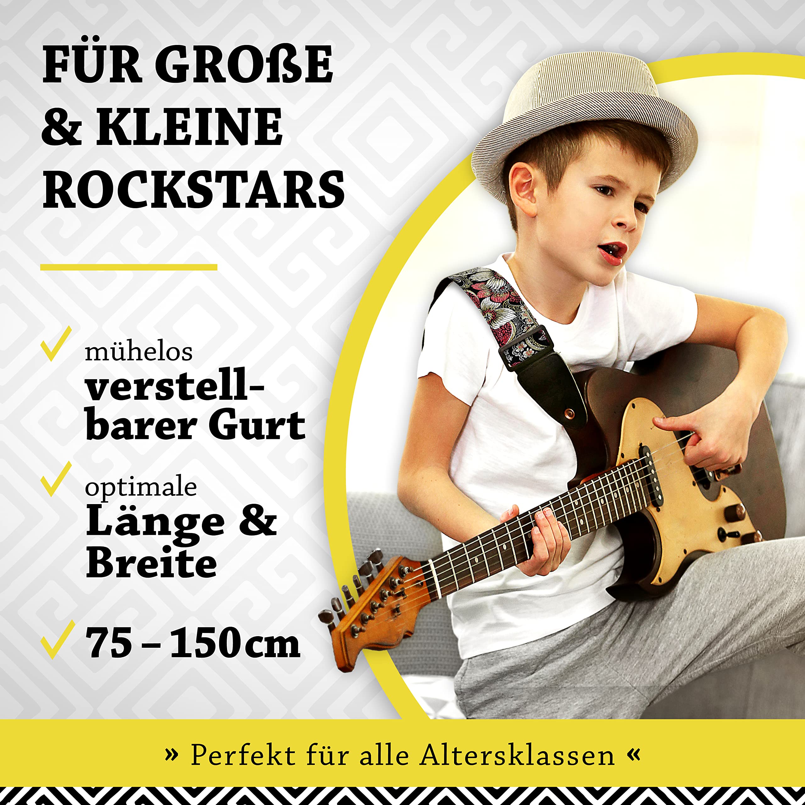 Belfort® Pasek do gitary - pasek do gitary elektrycznej, gitary akustycznej, gitary westernowej, basu elektrycznego i ukulele, dla dorosłych i dzieci, pasek gitarowy ze skórą z mikrofibry + e-book