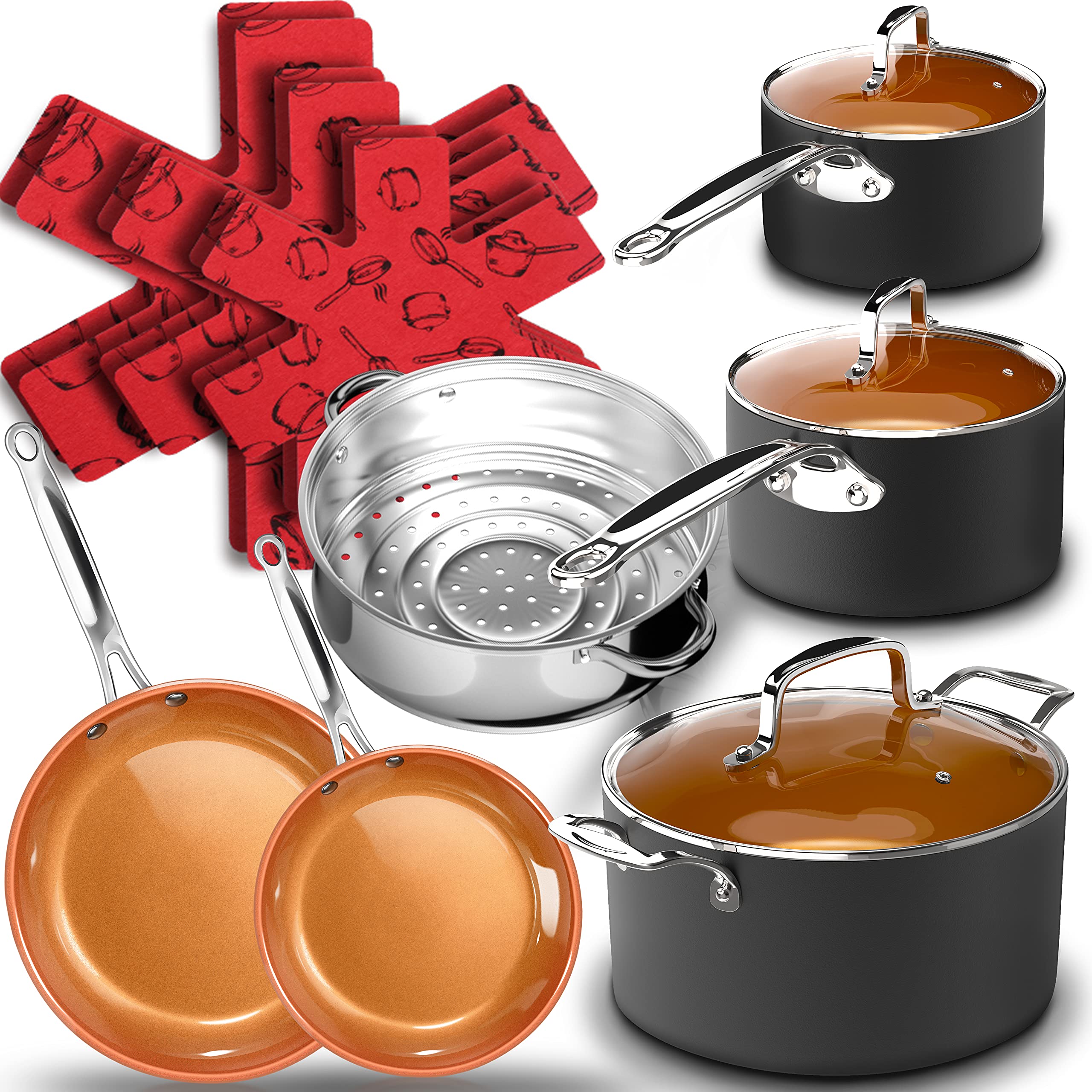 Induction Pots and Pans Set, Non-Stick Ceramic Coating Cookware Set, Frying Pan, Skillet, Stock Pot, Sauce Pan, Stainless Steel Steamer, Oven & Dishwasher Safe, 100% PFOA Free (Orange 15 Piece)