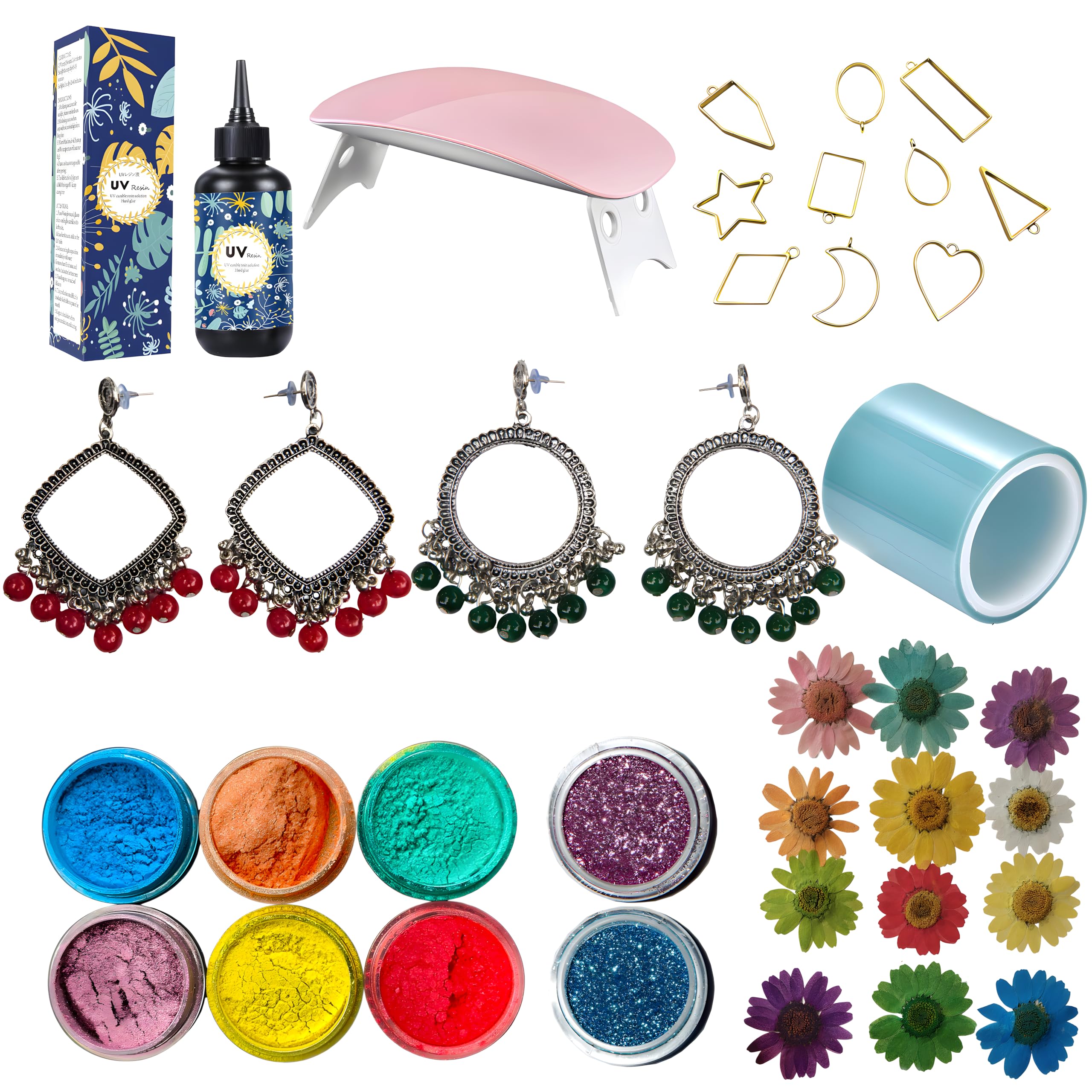 MAHAPRABHU ARTISTRY UV Resin Art Jewellery Making Kit |100 gm UV Resin| UV Light | UV Tape | 2 Pair Oxidized Earring Bezel | 10 Pices Pendent Bezel| 12 Pices Dried Daisy Flower| 2 Colour Glitter.-image-14