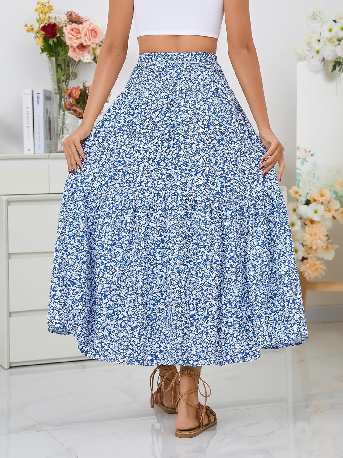 Women's Boho Maxi Skirt Floral Printed Smocked High Waist Long Skirts with Pockets Flowy Ruffle A-Line Summer Beach - Image 4