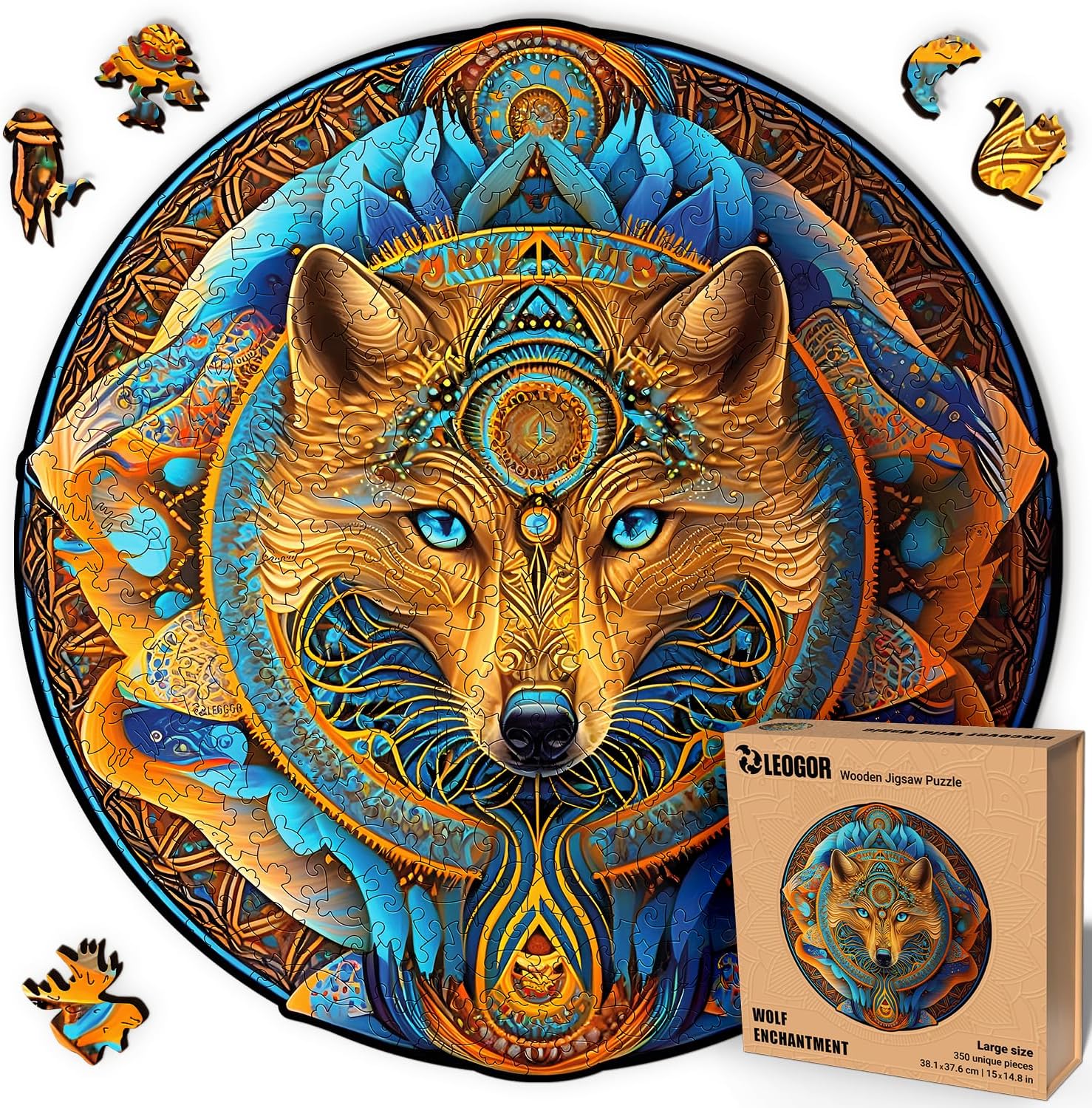 LEOGOR Wooden Jigsaw Puzzles for Adults (15 × 14.8 in), Large 350 Piece Wolf Puzzle with Unique Mosaic Shapes, Extra-Thick 5 mm Wood, Challenging Round Brain Teaser, Premium Gift for Adults