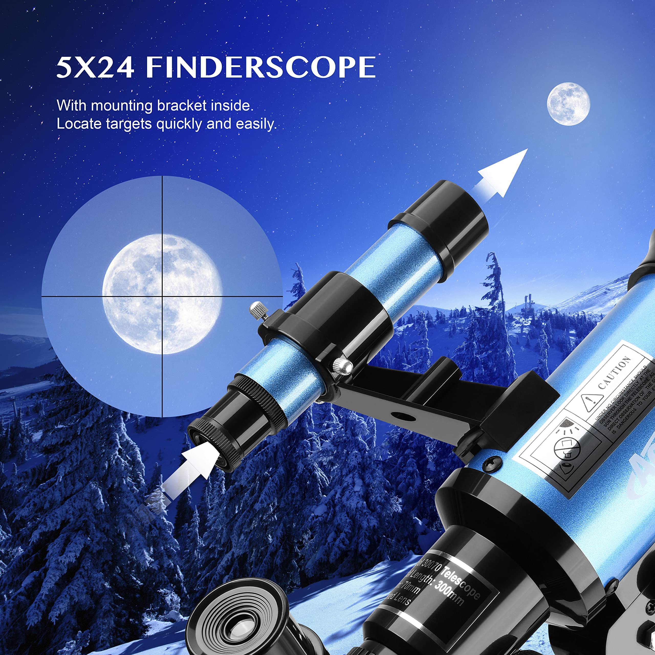 Aomekie Teleskop Kinder Einsteiger 70MM Teleskop Astronomie mit Smartphone Adapter Aluminium Stativ Barlow und Umkehrlinse (150, x)