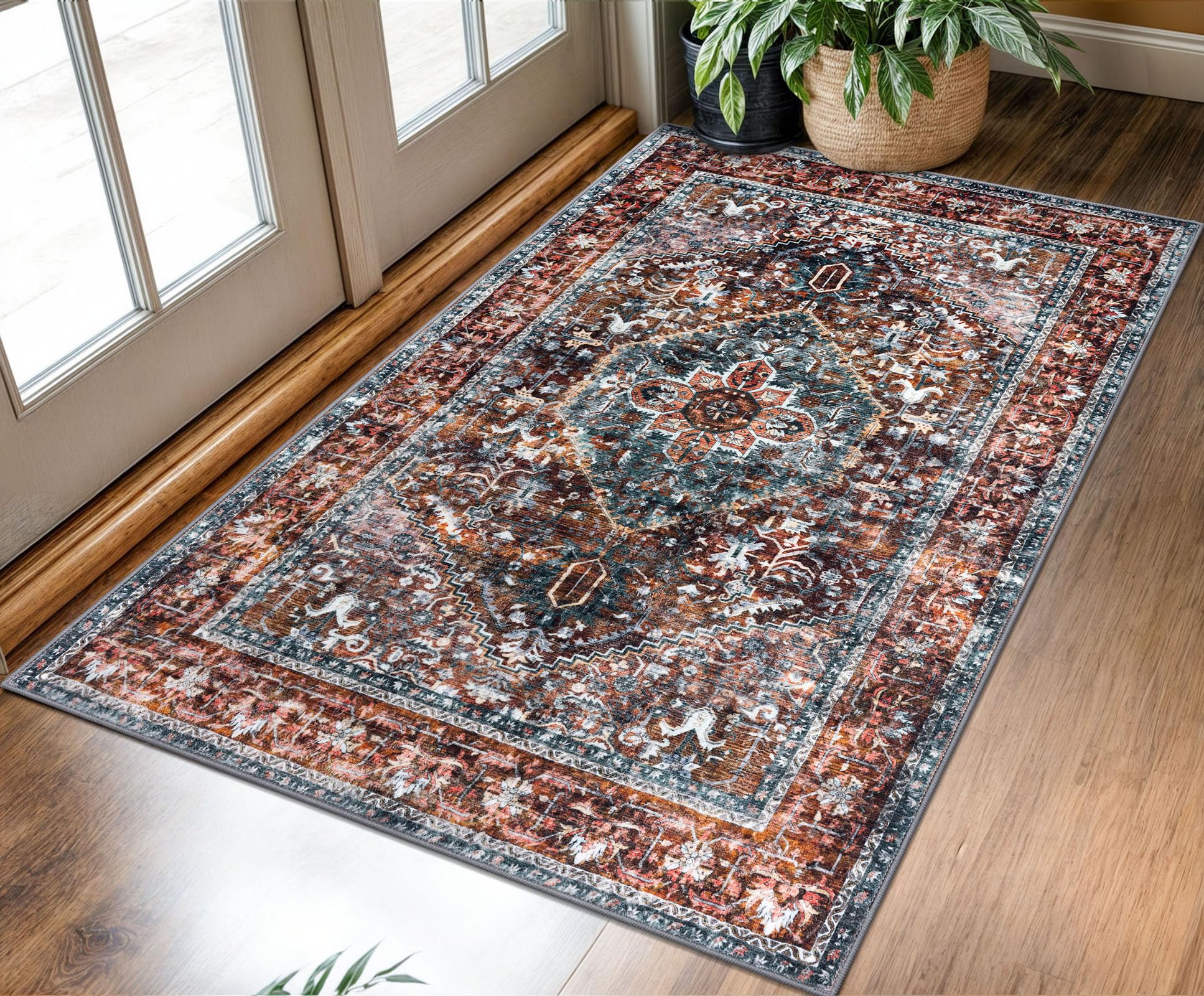 KOZYFLY Boho Area Rug 3x5 Ft Rugs for Entryway Washable Entry Rug Non Slip Door Mat Indoor Printed Faux Wool Vintage Kitchen Rug Throw Rugs for