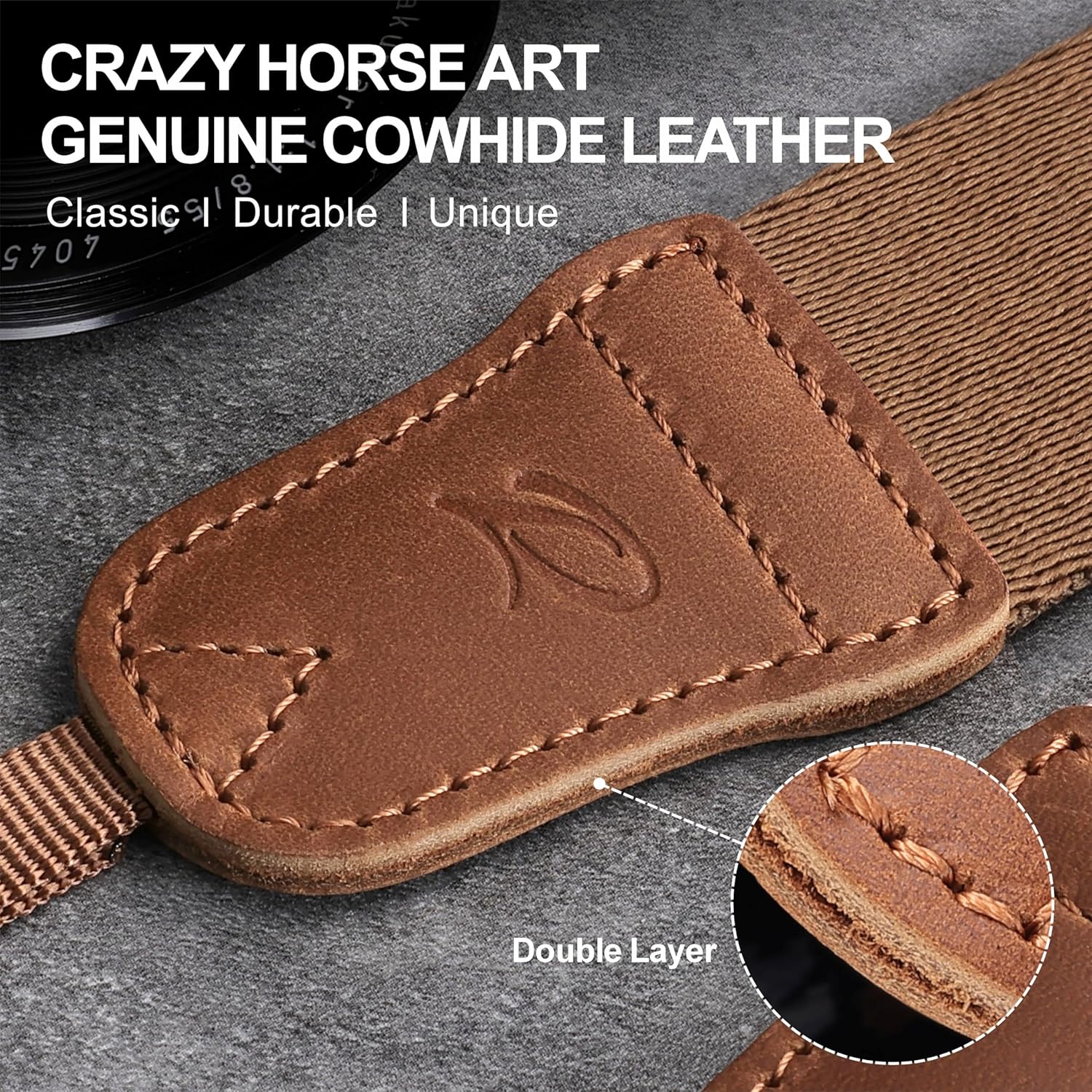 Padwa Lifestyle Brown Camera Strap - Double Layer Crazy Horse Cowhide End,1.5" Wide Pure Cotton Woven Camera Straps,Adjustable Neck Shoulder Strap for All DSLR Cameras,Gift for Photographers