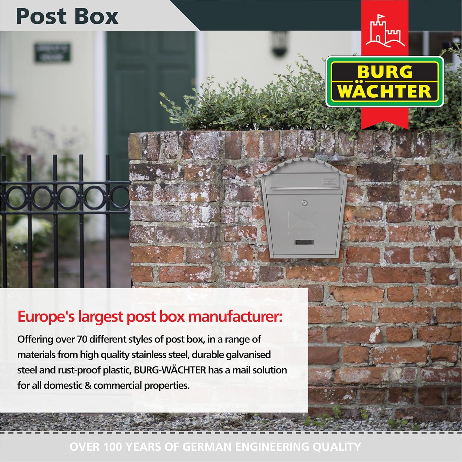Burg-Wachter MB01FG French Grey Classic Wall Mounted Galvanised Steel Lockable Weatherproof Post Box - 36x37x13cm