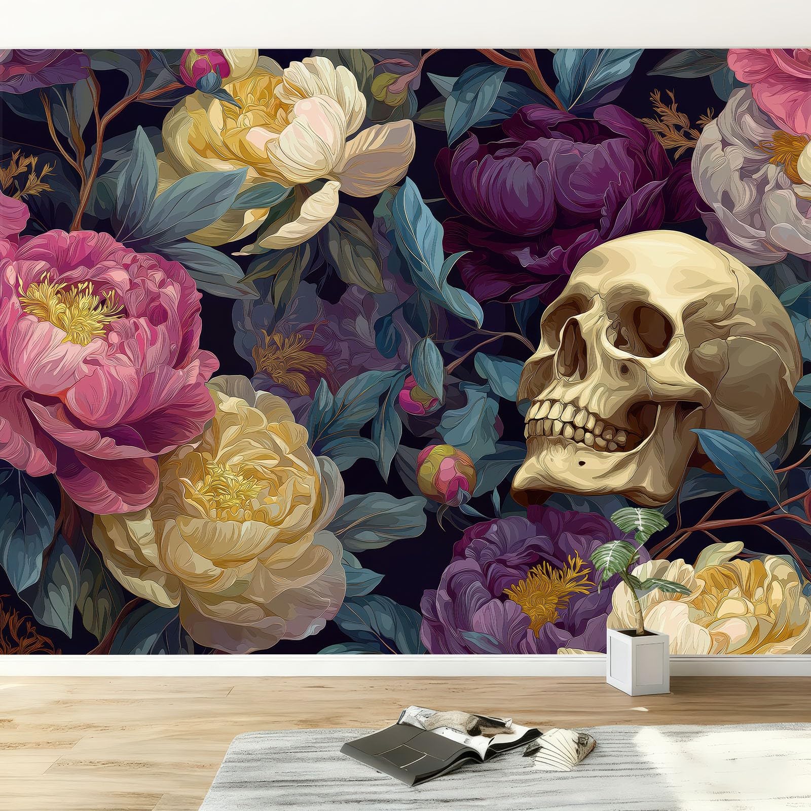 Tapete Fototapete 3d Effekt Dunkel Totenkopf Pfingstrose, 400 x 280 cm (B x H) Wandbild Wanddeko für Wohnzimmer Schlafzimmer, Mehrfarbig Vlies Tapeten mit Geruchsfreiheit Wandposter Wandkunst