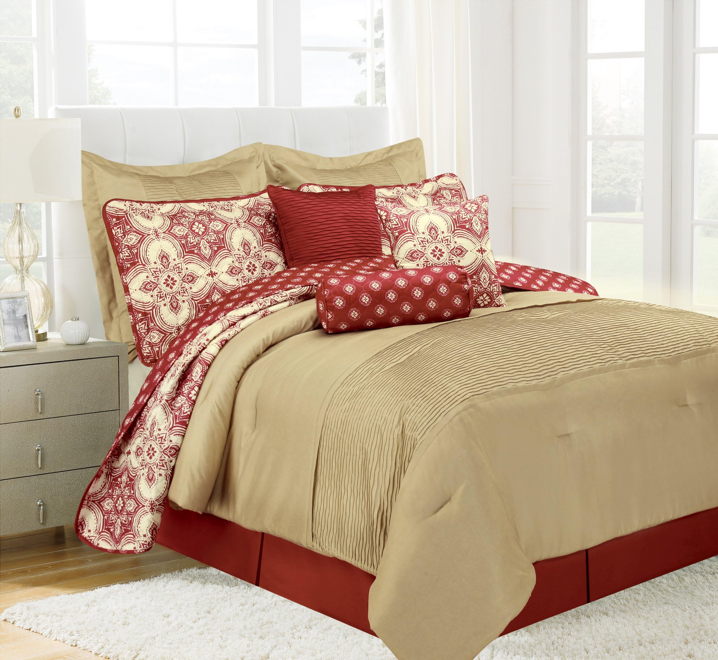 Mytex Patina 10 Piece Comforter Set Rich and Luxurious, Featuring, Pleating Texture, Paisley Design, Bed-Skirt Included, 100% Polyester, Red, Queen