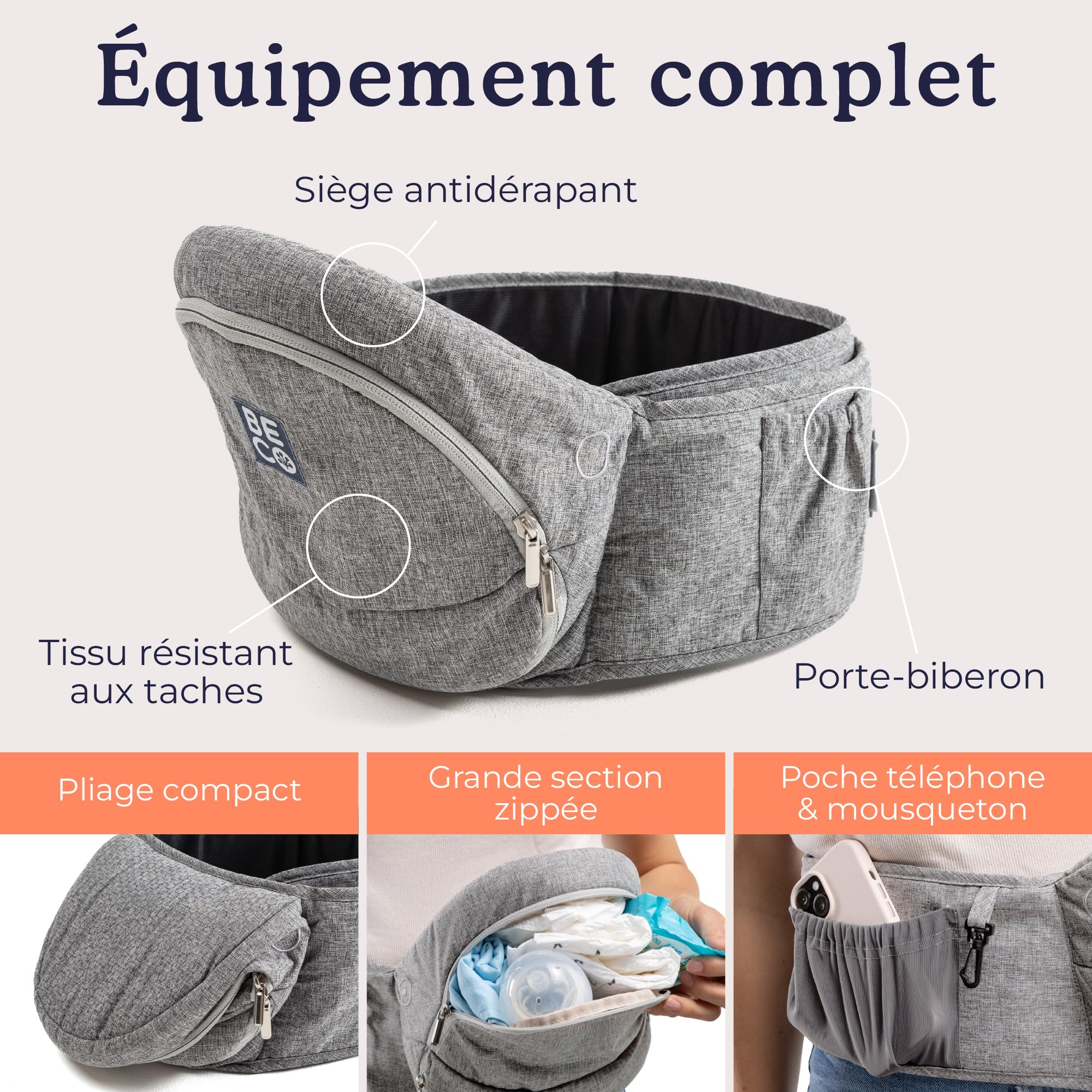 Beco Porte-Bébé Siège de Hanche Pliable, 4-en-1, 0-36 Mois, Gris | Se plie à plat dans le sac à langer, Siège de Soutien qui soulage bras et dos, s'adapte facilement de 0 à 36 mois.