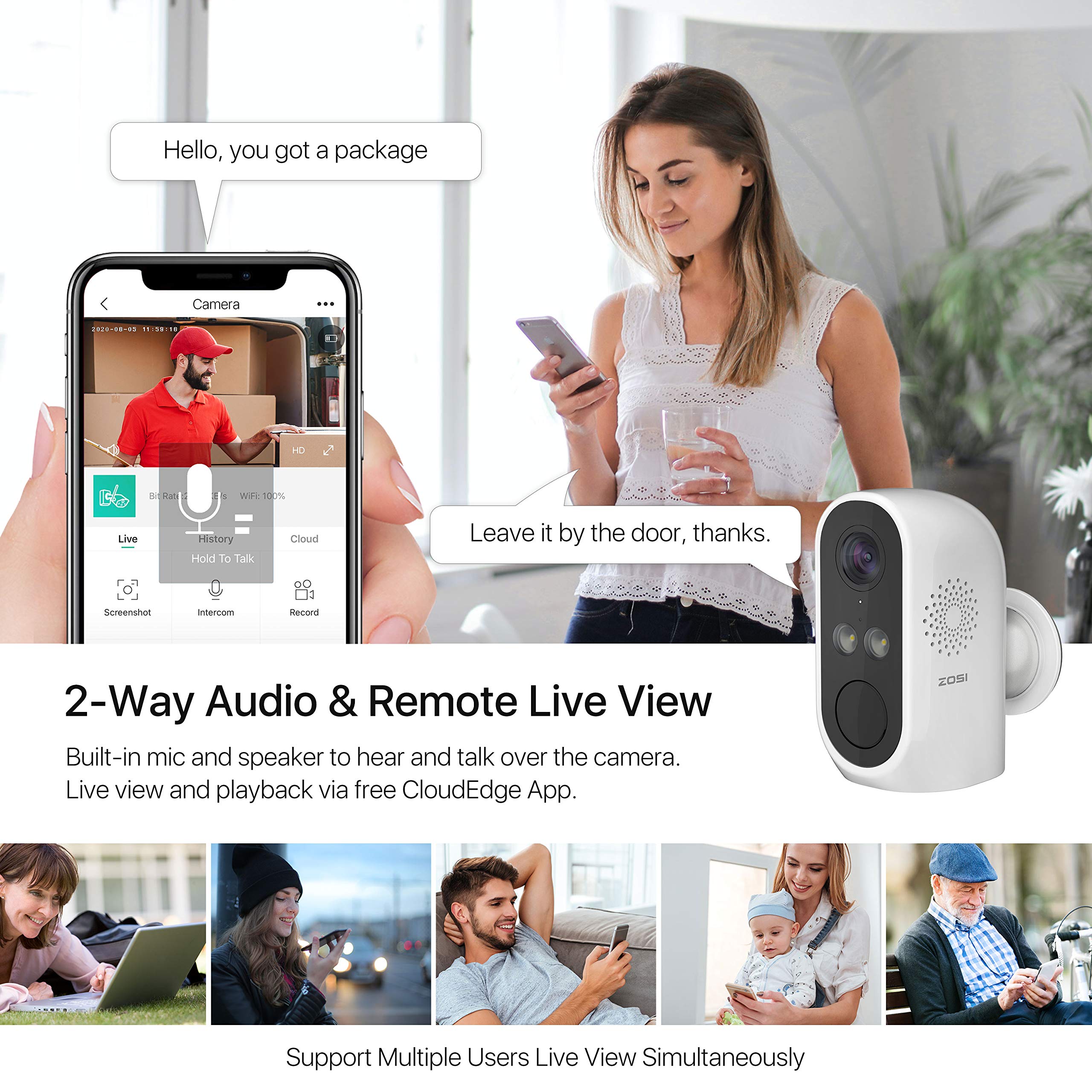 ZOSI C1 Wire Free Battery Security Camera, WiFi Rechargeable IP Cam