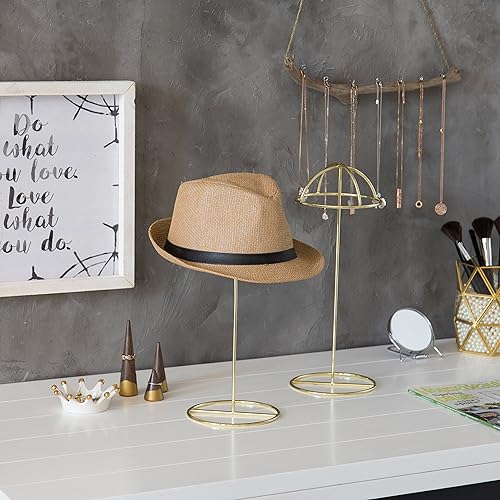 Miniatura 2 de MyGift Juego de 2 soportes de mesa de alambre de metal en tono latón con soporte de cúpula redonda, 14 pulgadas de alto para pelucas, soportes de
