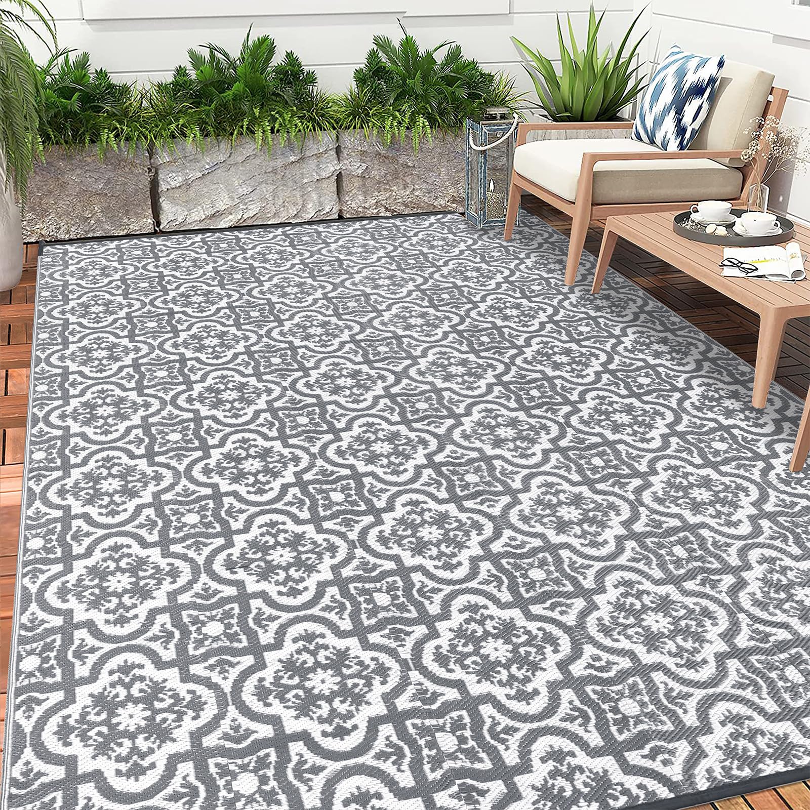 Enyhom Large Outdoor Rug for Garden 180x270cm Waterproof Patio Grey Print Reversible Mat Lightweight RV Camping Outdoor Area Rug Plastic Straw Carpet for Balcony Deck Backyard Picnic Porch Beach