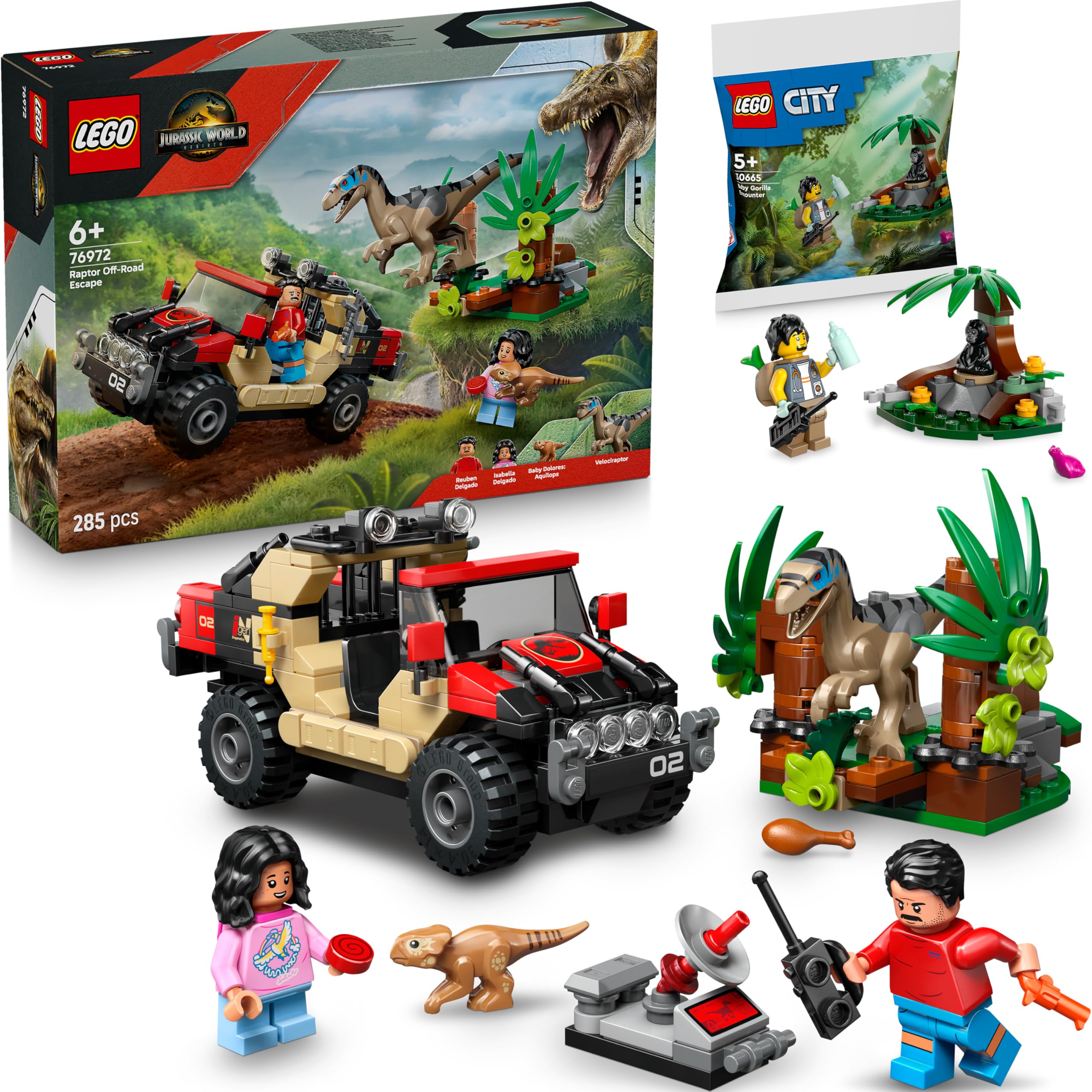 Lego Jurassic World Raptor: inseguimento con il fuoristrada – 76972 Lego Raptor con sacchetto regalo, Jurassic Set dinosauri dai 7 anni in su