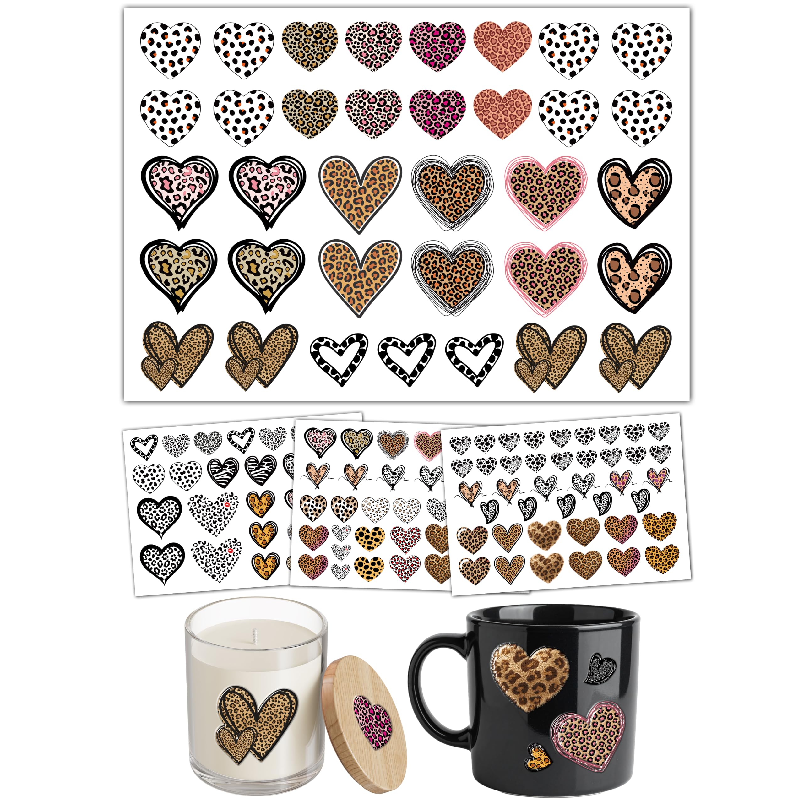 Rub On Sticker Leopard Herz Motiv Transferfolie Aquarell Set | Leopard Herz Aufkleber ohne Kleberückstand für Glas, Holz, Metall, Keramik, Kunststoff & Gips