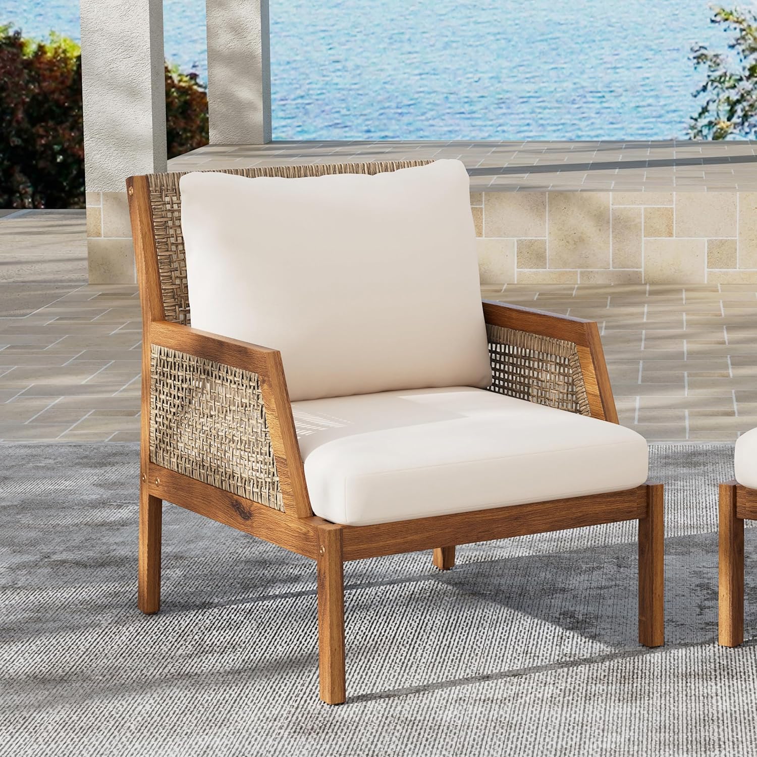 Christopher Knight Home Lena Patio Accent Chair, Acacia Wood Club Chair, Wicker Backrest Armchair, Upholstered Cushion Seating, Wooden Chairs for Balcony Backyard Garden, 23.5" 400lbs Teak+Cream