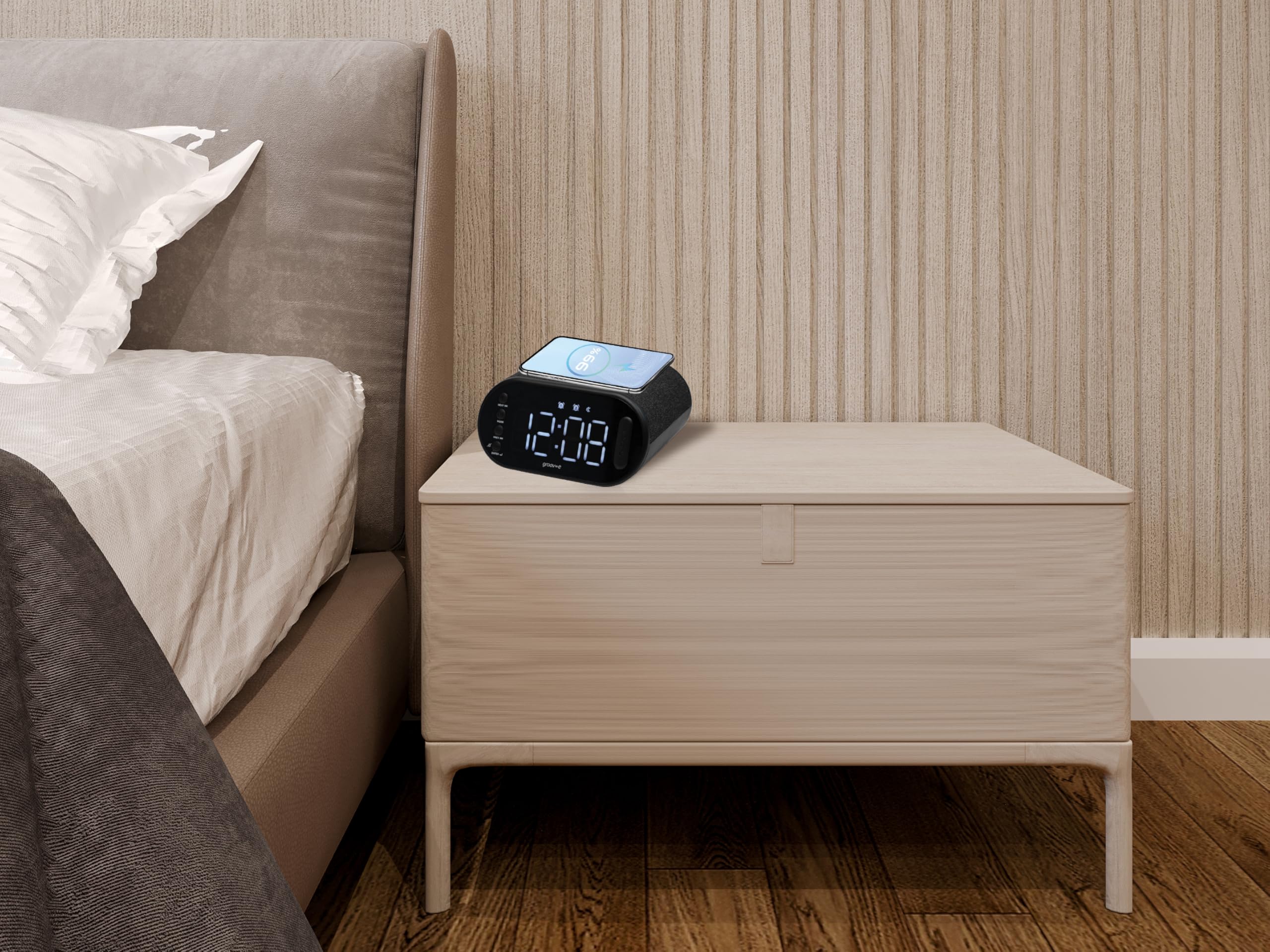 groov e Atlas II - Reloj Despertador Digital con Radio FM, Carga USB e inalámbrica, Pantalla LED y Alarma Dual, Funciona con USB o batería Recargable
