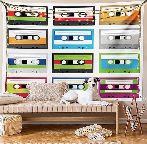 Miniatura 8 de Ambesonne Tapiz de los años 90, composición de cintas de audio de plástico retro, tema de entretenimiento de tecnología antigua, colgante de pared