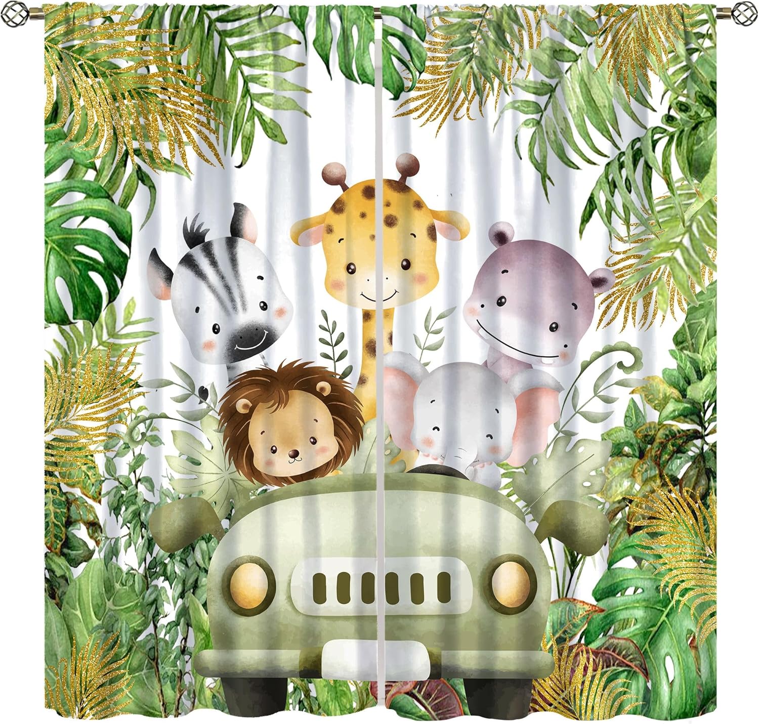Jungle Safari Animals Blackout Curtains,Cartoon Animals Lion Giraffe Elephant Woodland Tropical Leaf Green Windows Treatments for Kids Nursery Baby Living Room Bedroom 55x63in