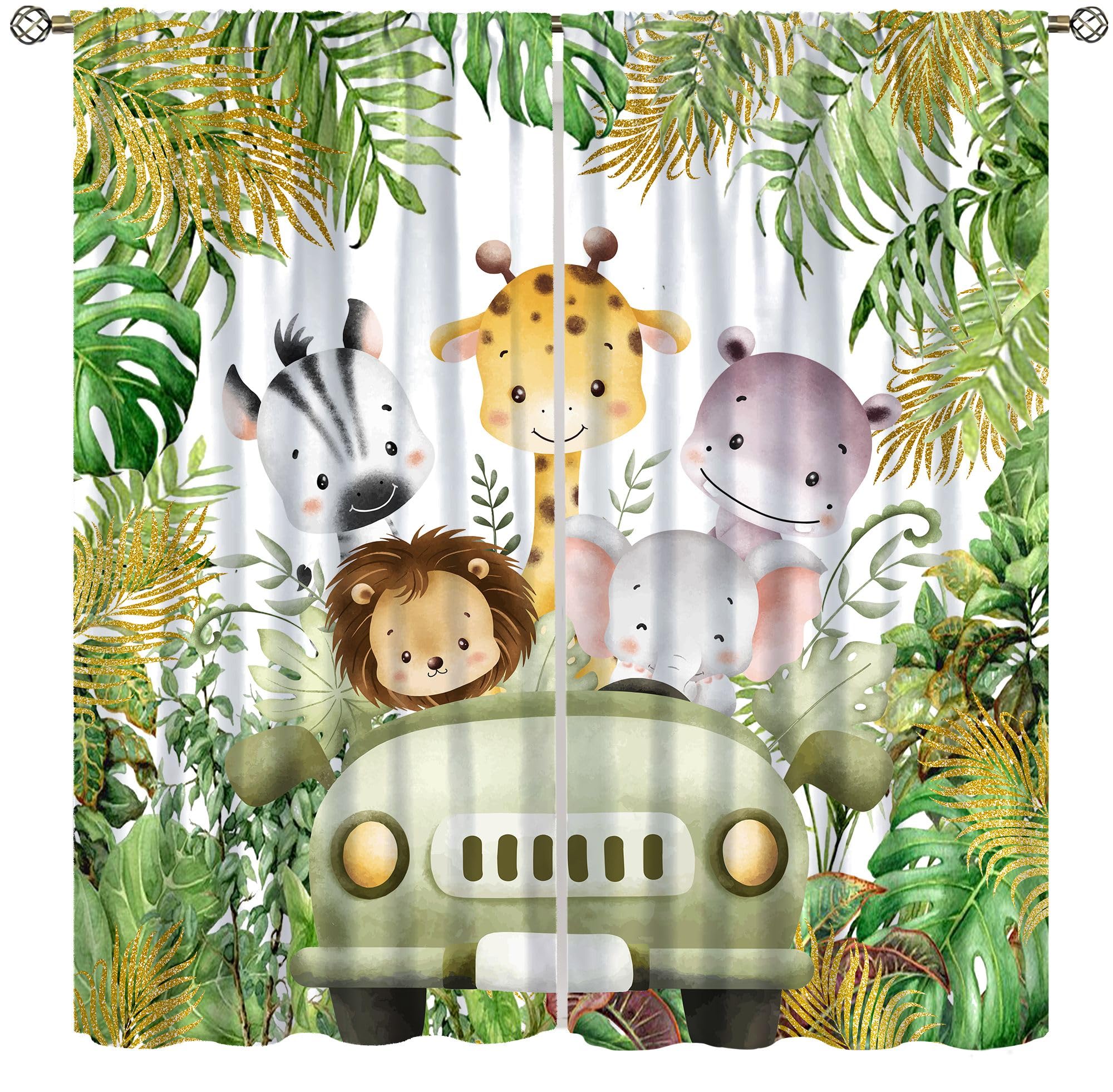 AAVEUP Jungle Safari Animals Blackout Curtains,Cartoon Animals Lion Giraffe Elephant Woodland Tropical Leaf Green Windows Treatments for Kids Nursery Baby Living Room Bedroom 52x96in