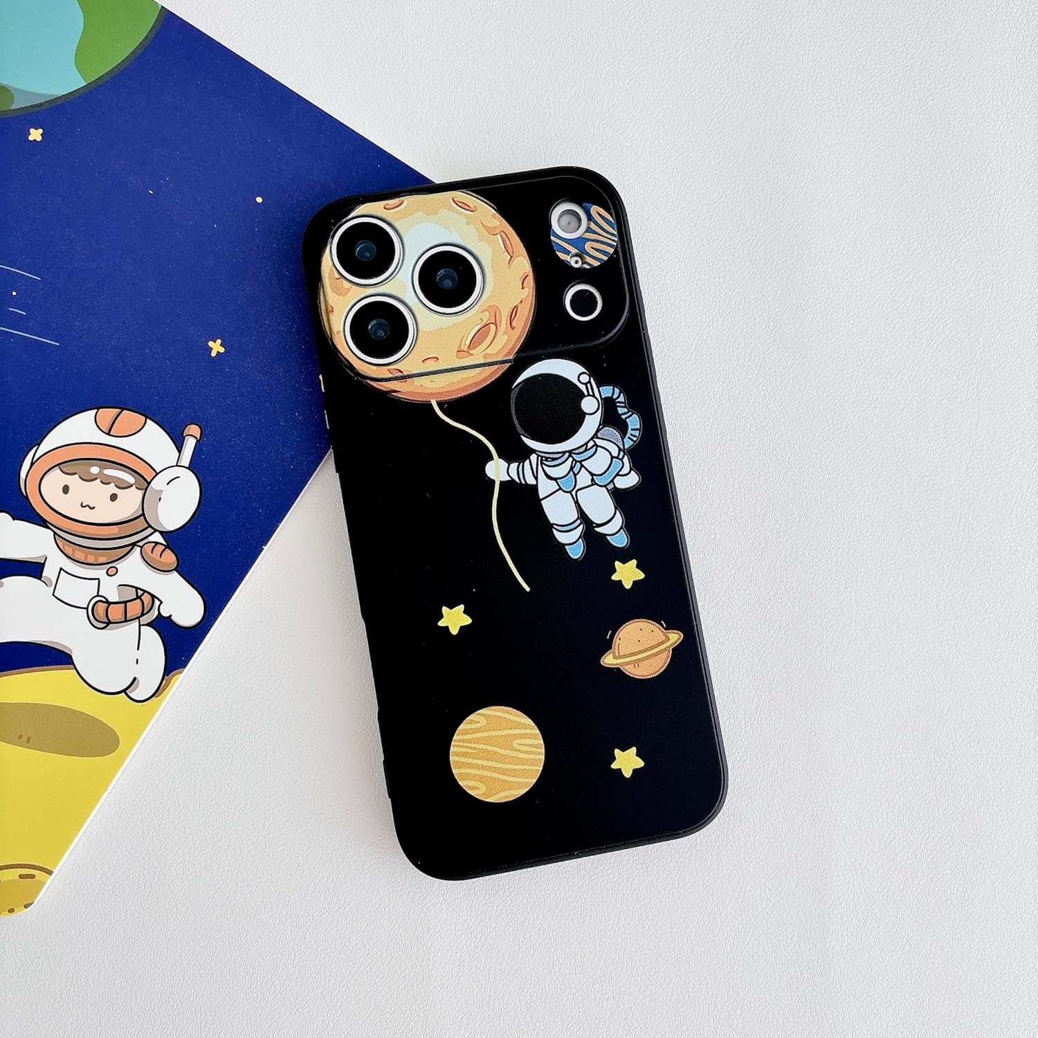 for iPhone 17 Pro Cute Case, Cartoon Astronaut Space Planet Design Stylish Bumper Cover Soft TPU Rubber Protective Anti-Slip Shockproof Case(iPhone 17 Pro, Black Moon) - Image 2