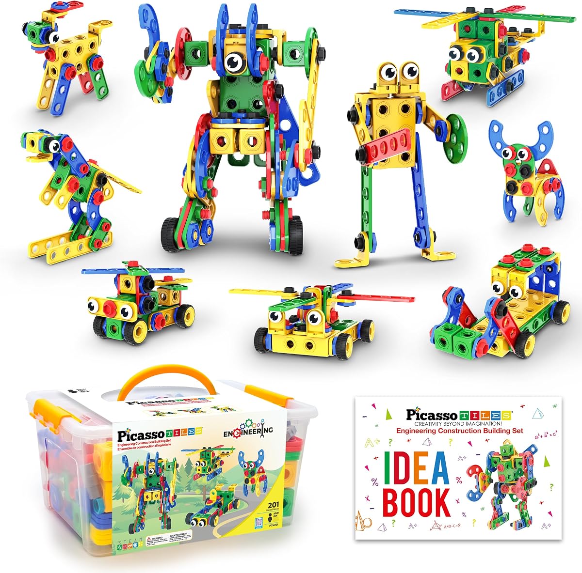 201pc STEM Learning Block Construction Kit with Power Drill and Clickable Ratchet Educational Engineering Toy Set Kids Age 3 Plus Preschool Activity Creative Play with Idea Book PTN201