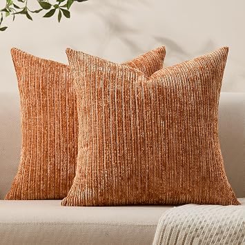 Allorry Decorative Couch Throw Pillow Covers 18x18 Set of 2 Fall Soft Orange Chenille Pillow Covers Boho Textured Square Cushion Covers for Modern Farmhouse Sofa Bedroom Living Room Decor SY007-B18