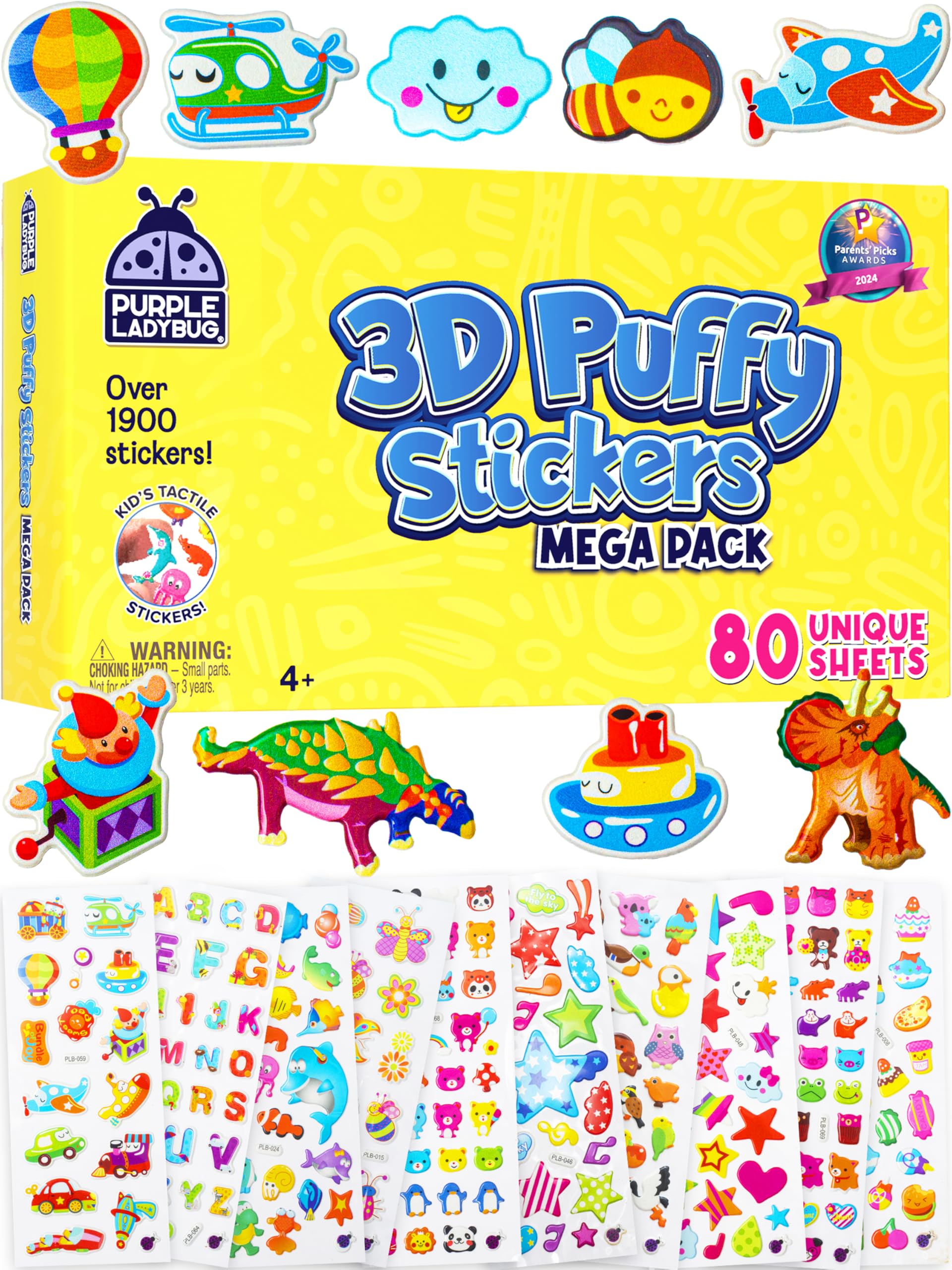Purple Ladybug 1900+ Puffy Sticker Collection for Kids 4-8 - 80 Unique Reusable Sheets, Creative 3D Designs - Reward Stickers, Arts & Crafts Set, Travel Activities, Road Trip Essentials & Toys