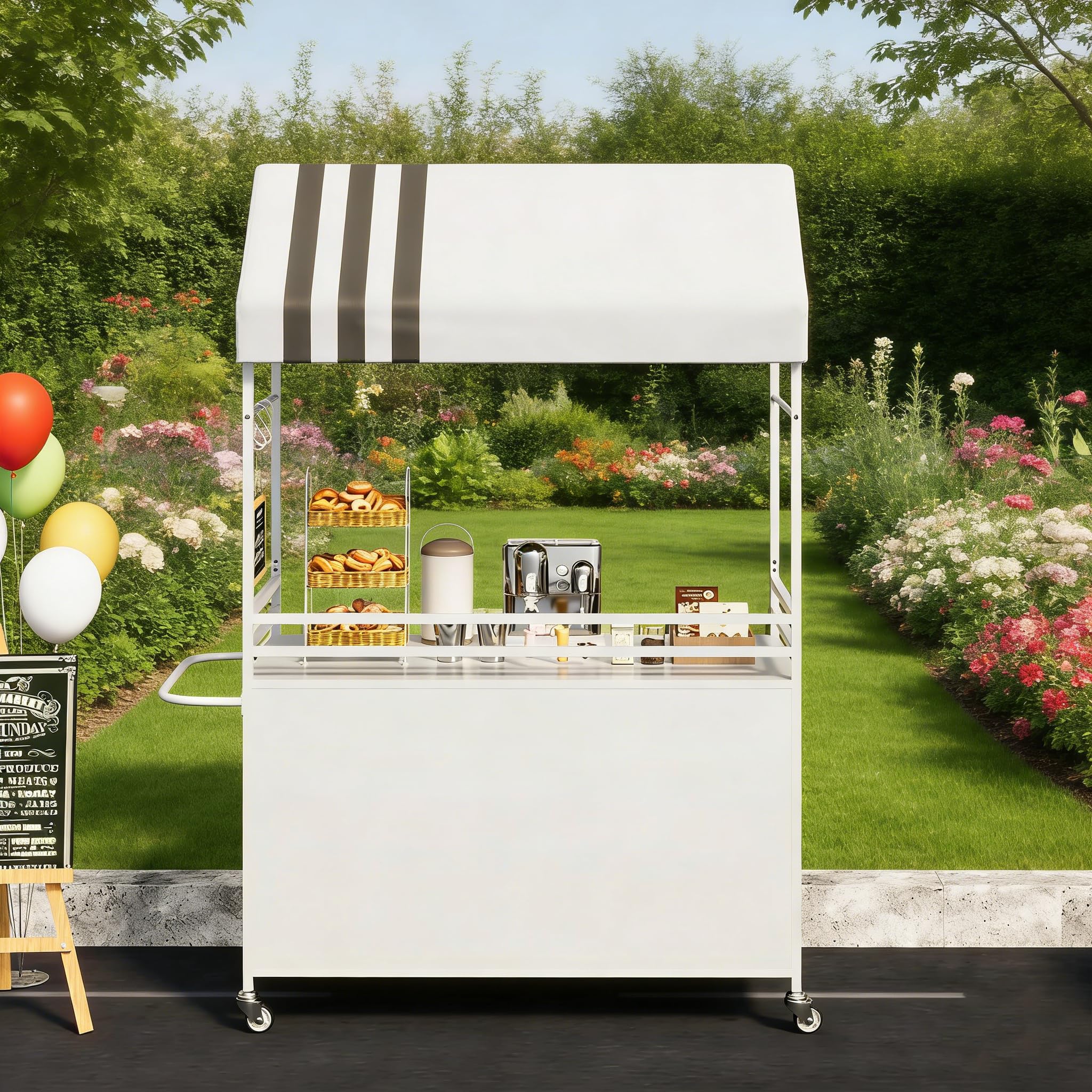 Portable Vendor Cart with Canopy, Outdoor Mobile Food Cart with Wheels, 75" Tall Street Display Stand,Farmers Markets Events, Vendor's Dessert Vending Stall,White