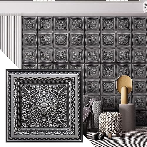 Dundee Deco Victorian Floral Antique Silver Glue Up or Lay in PVC 3D Decorative Ceiling Panel 2 ft X 2 ft 60cm X 60cm 4 sq ft 037 sq m Each Pack of