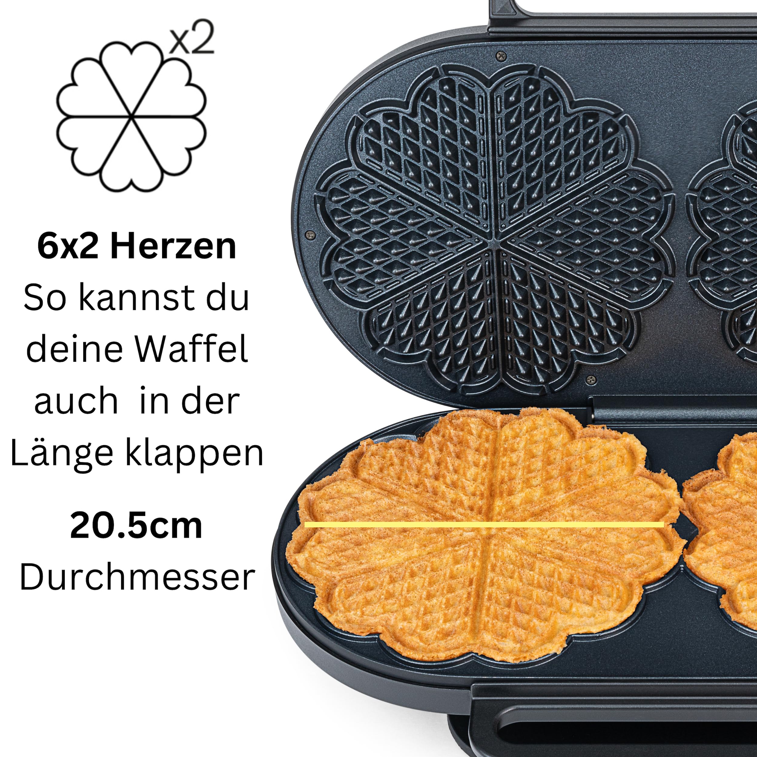 Wilfa GRAND DOUBLE Waffeleisen I 2 x 22cm große Waffeln I mit 6 Herzen I doppelte Antihaft-Beschichtung I inklusive Teig-Kelle I Doppel-Waffeleisen (schwarz)