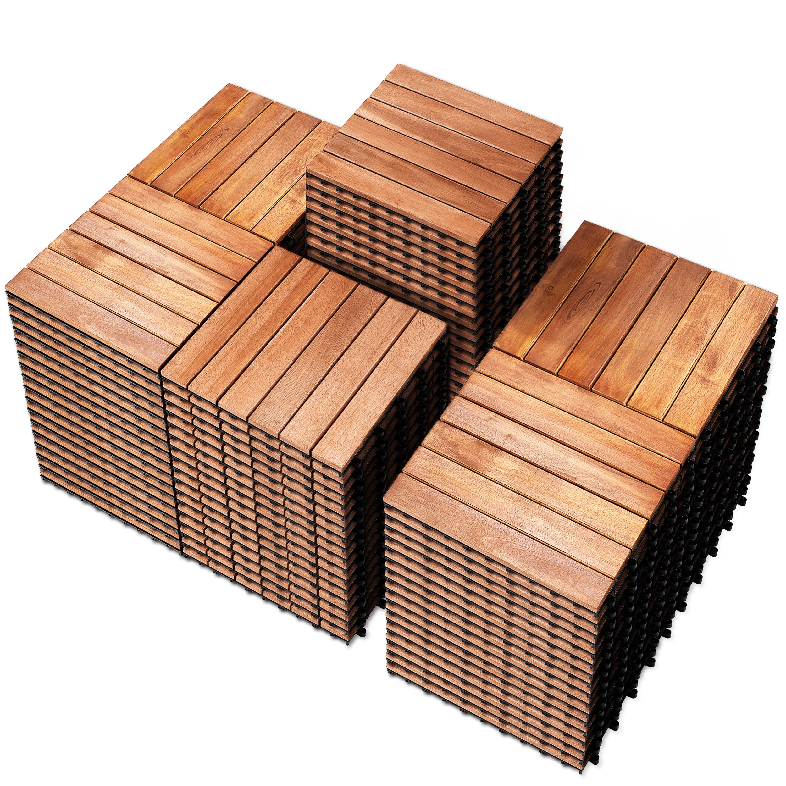PrimeZone 108 PCS Solid Acacia Wood Interlocking Patio Deck Tiles - 12" x 12" Indoor Outdoor Waterproof Flooring Tiles for Balcony, Backyard, Porch &
