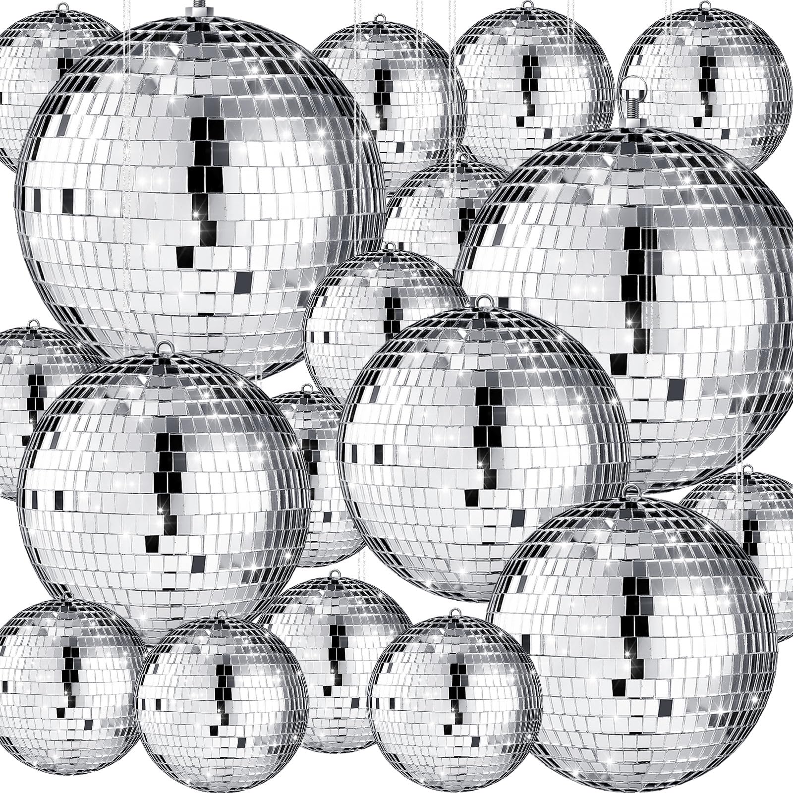 Photo 1 of 17 Pack Large Disco Ball Hanging Disco Ball Small Disco Ball Mirror Disco Balls Decorations for Party Wedding Dance and Music Festivals Decor Club Stage Props DJ Decoration (8, 6, 3.2 Inch)