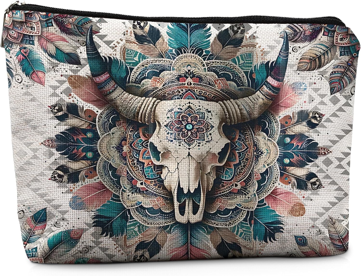 Boho Western Makeup Bag, Western Bull Skull Aztec Cosmetic Bag Toiletry Bag, Western Gifts for Women, Cowgirl Gifts, Country Girl Gifts, Western Stuff for Women, Western Makeup Pouch