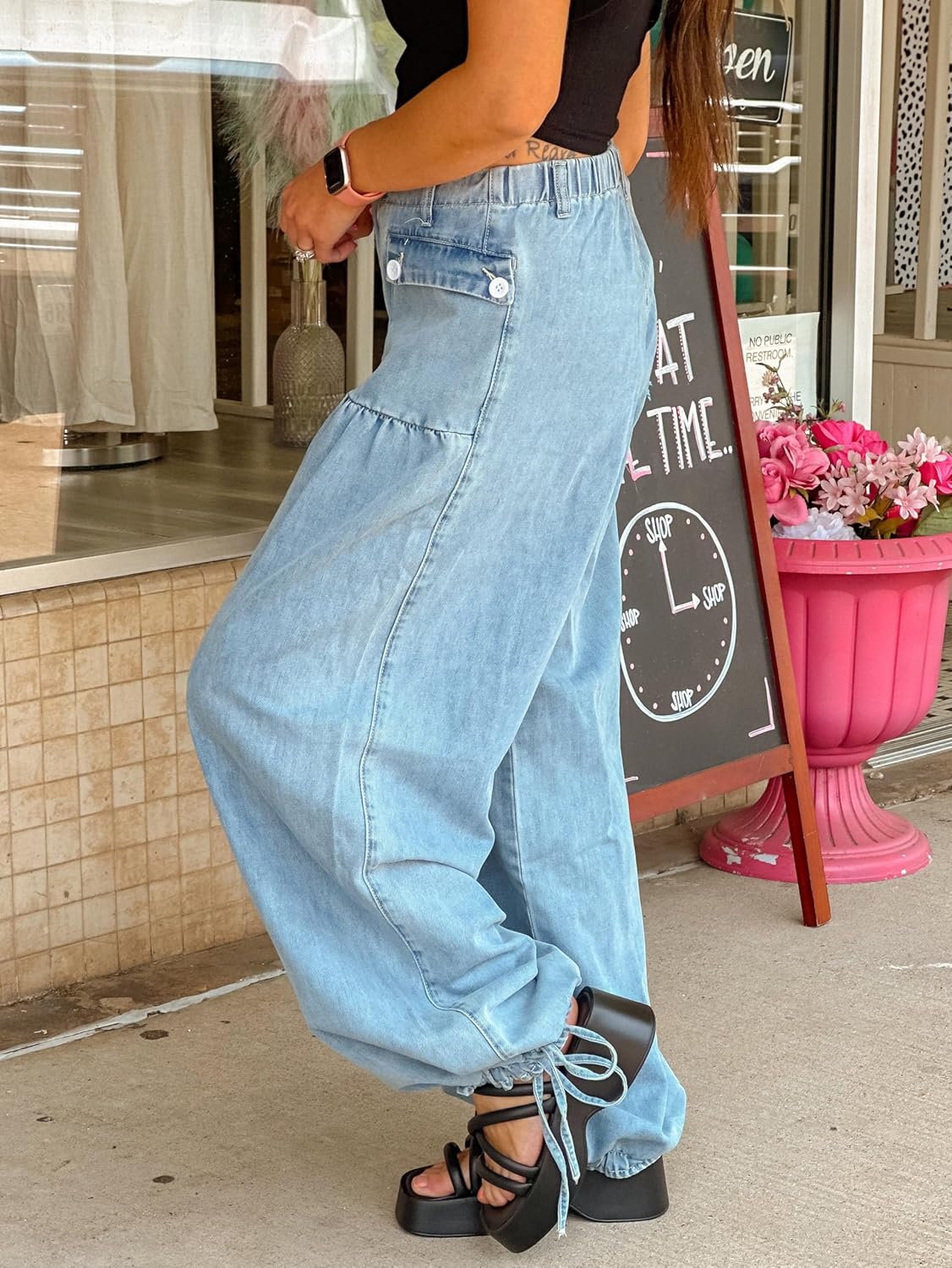 Women's Wide Leg Barrel Jeans Mid Rise Baggy Flared Boyfriend Y2k Elastic Buttoned Cargo Denim Palazzo Pants Lantern Jeans