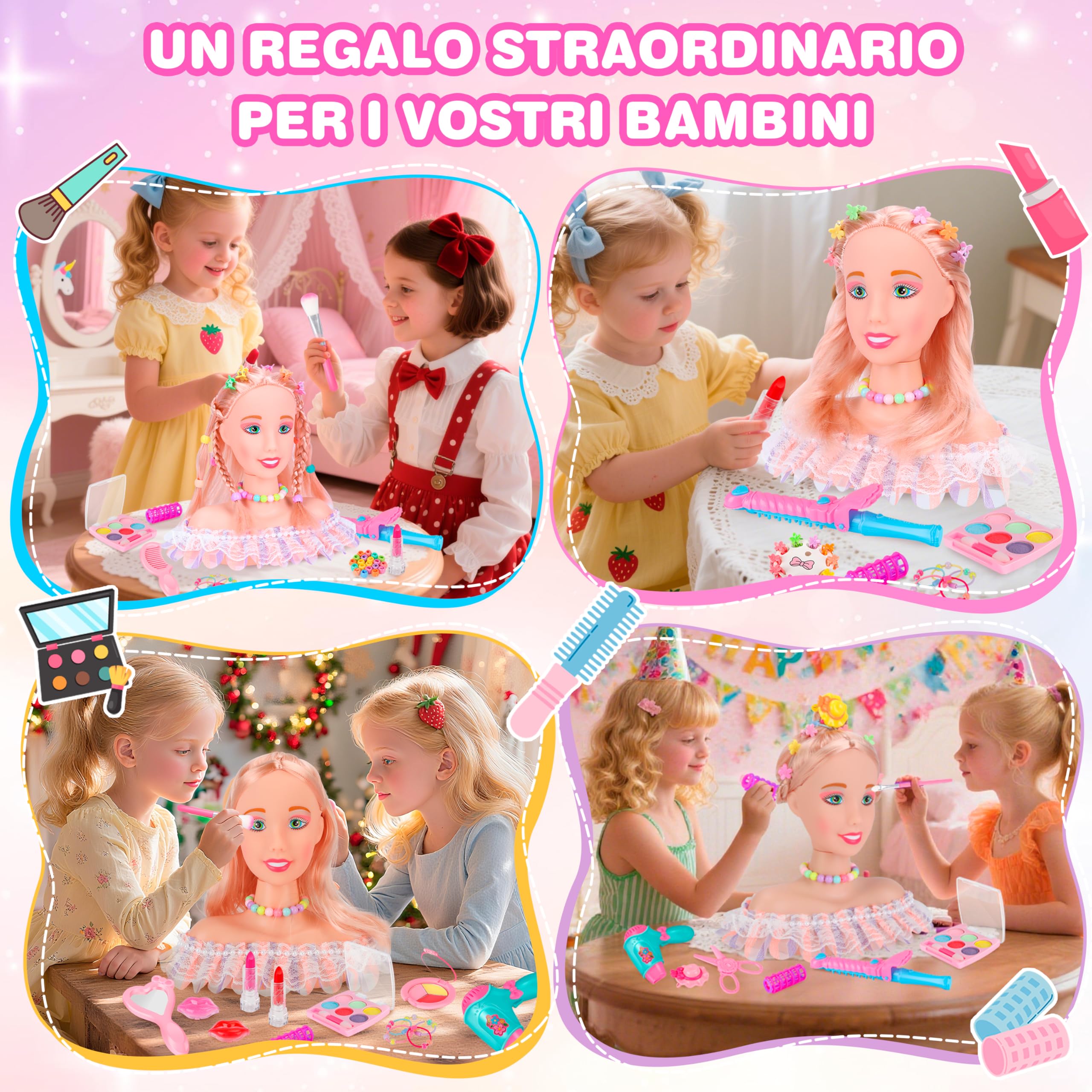 MOMOSTAR Testa Bambola da Truccare e Pettinare, 58 Pezzi Bambola Parrucchiere per Bambini, Testa da Pettinare Bambina con Accessori, Regalo Natale Compleanno 3 4 5 6 Anni
