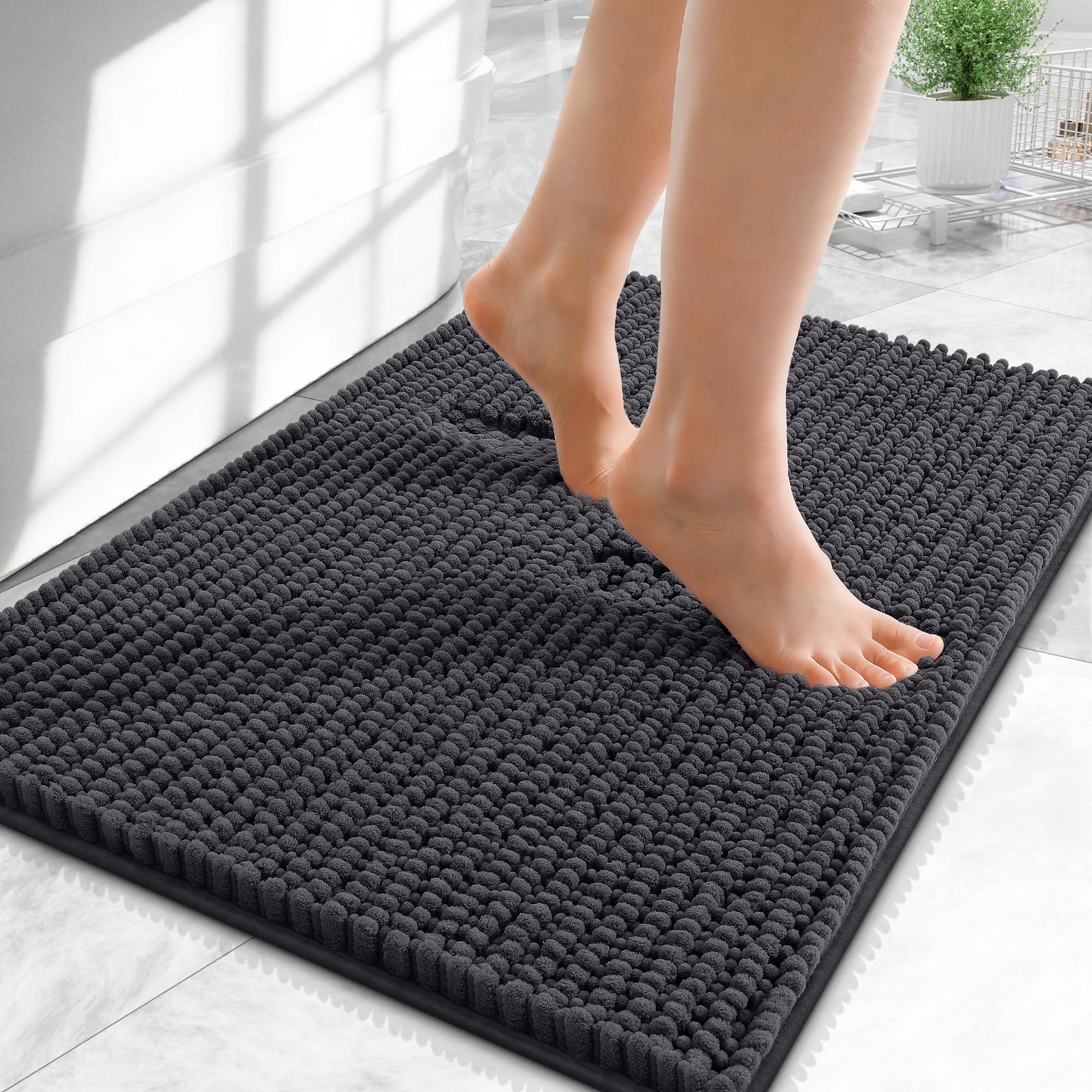 OLANLY Thick Chenille Small Bathroom Rugs Mats 24x16, Dark Grey