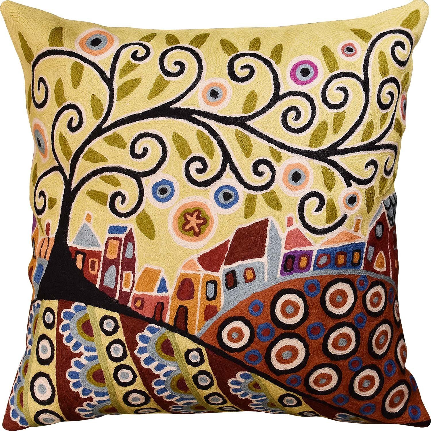 Kashmir Designs Yellow Tree of Life Throw Pillow Cover | Karla Gerard Floral Pillows | Gold Flower Pillows | Plant Floral Chair Cushion | Plant Flower Couch Pillow | Hand Embroidered Wool Size - 18x18