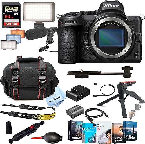 Nikon Z5 Cámara digital sin espejo 24.3MP cuerpo (sin lente) + micrófono de disparo + LED siempre encendido + tarjeta de velocidad extrema de 64 GB,