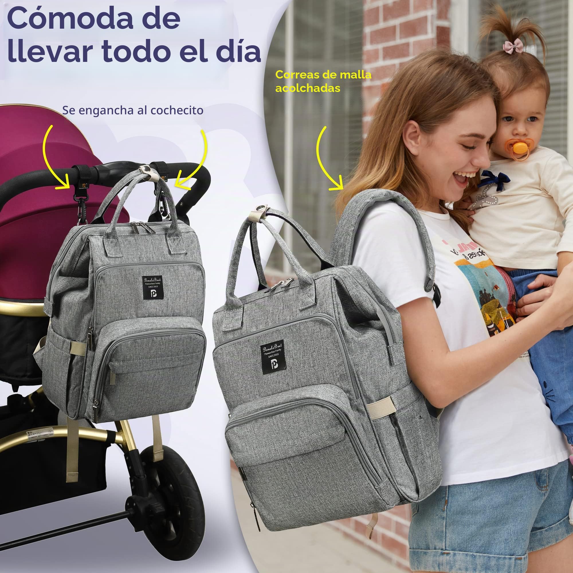 Pomelo Best Mochila de Pañales y Biberones, Impermeable, Gran Capacidad y Compartimiento Múltiple, Mochila Cambiador pañales Puede Colgarse Sobre la Silla de Bebés