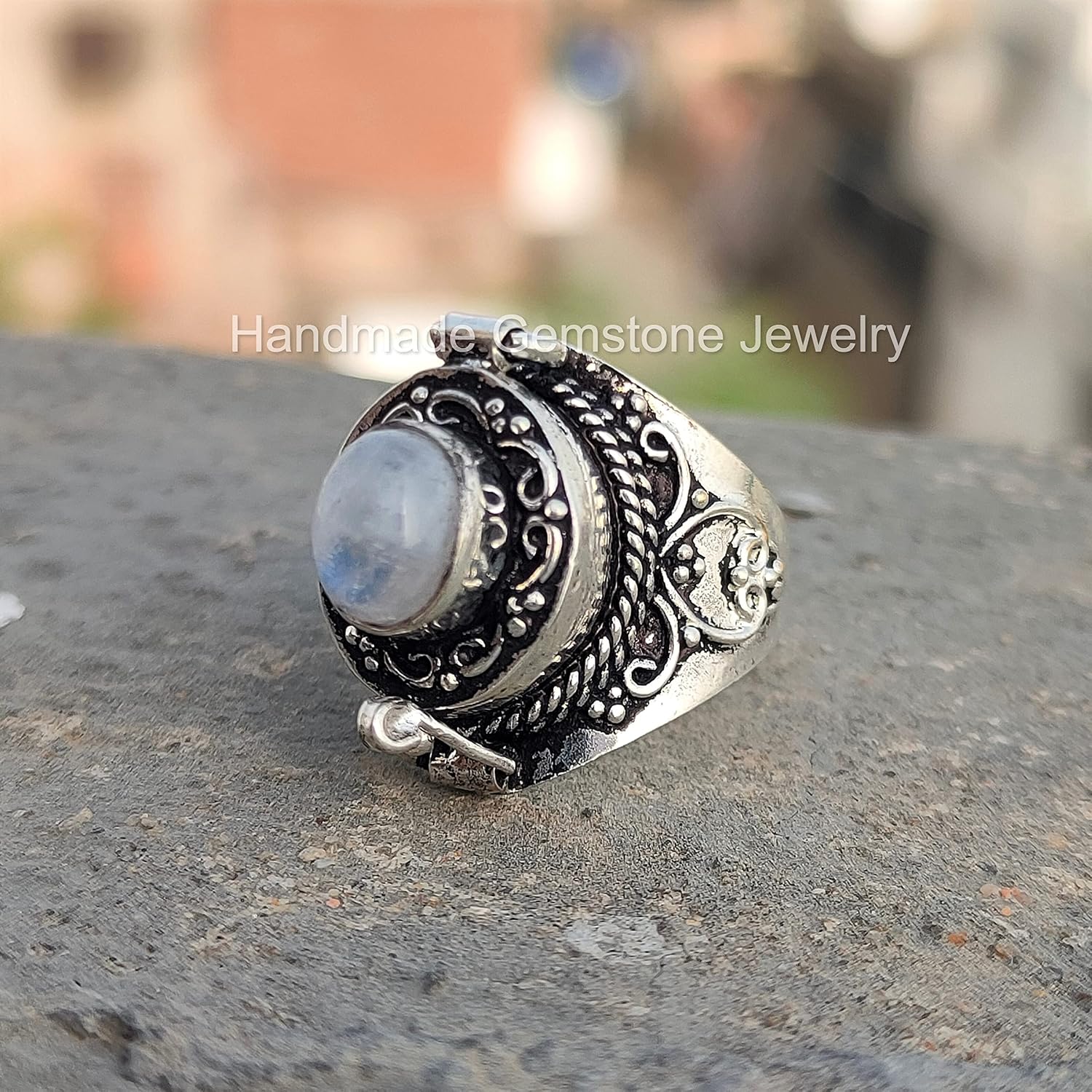 Vintage Poison Box Ring with Oval Rainbow Moonstone - Moon Jewelry with Blue Sheen, Openable Compartment, Locket Ring, June Birthstone