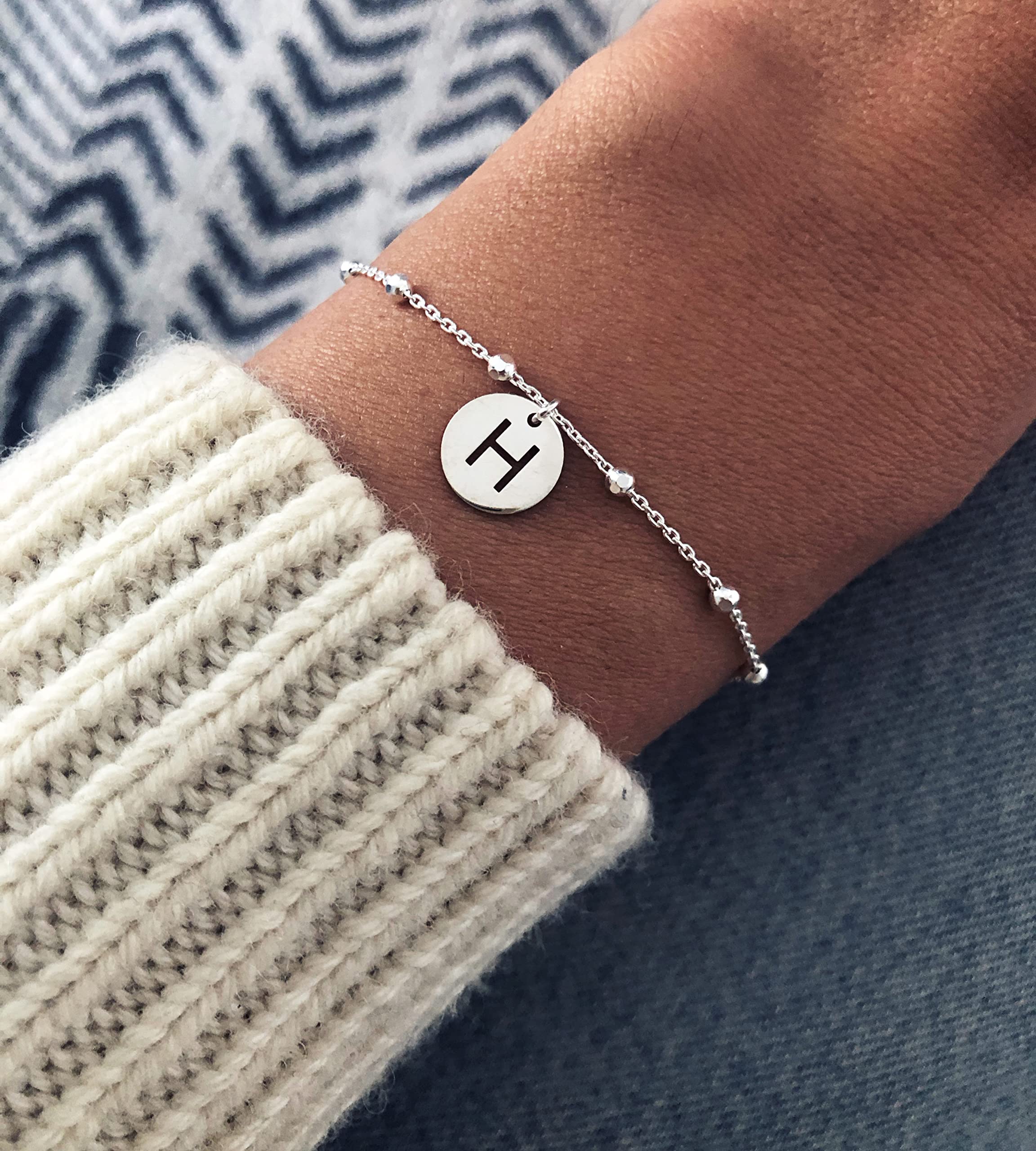 Pulsera con Inicial Mujer Plata de Ley 925, Pulsera de Bolitas Personalizadas con Letras a Elegir A-Z, Regalo para Mama, Hermana, Niña
