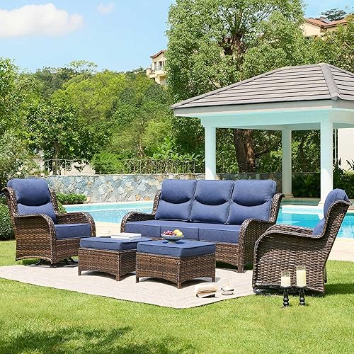HILLGA Luxury High Back Patio Furniture Set with 6-Inch Thick Cushion, 5-Piece Outdoor Conversation Set with Sofa, Swivel Rocker Chairs & Ottomans, Ideal for Porch Pool Deck Yard (Blue)