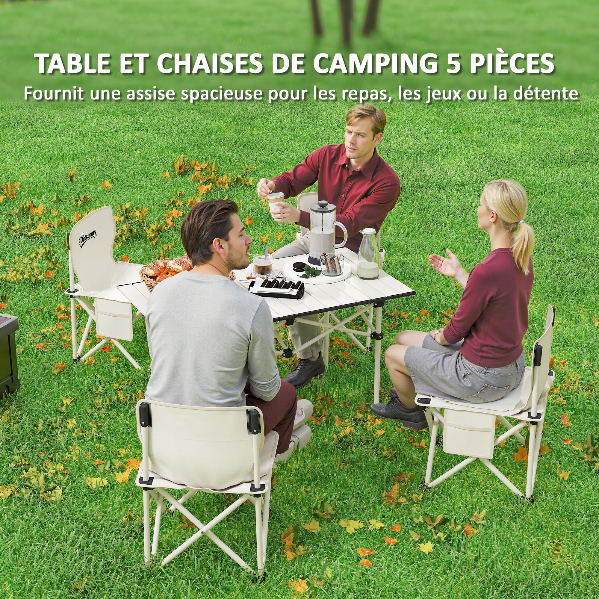 Outsunny Tavolo da campeggio con 4 sedie pieghevoli, set di tavolo e sedie da campeggio da 5 pezzi con tasche laterali e borse per il trasporto, 95 x 56,5 x 50 cm, bianco