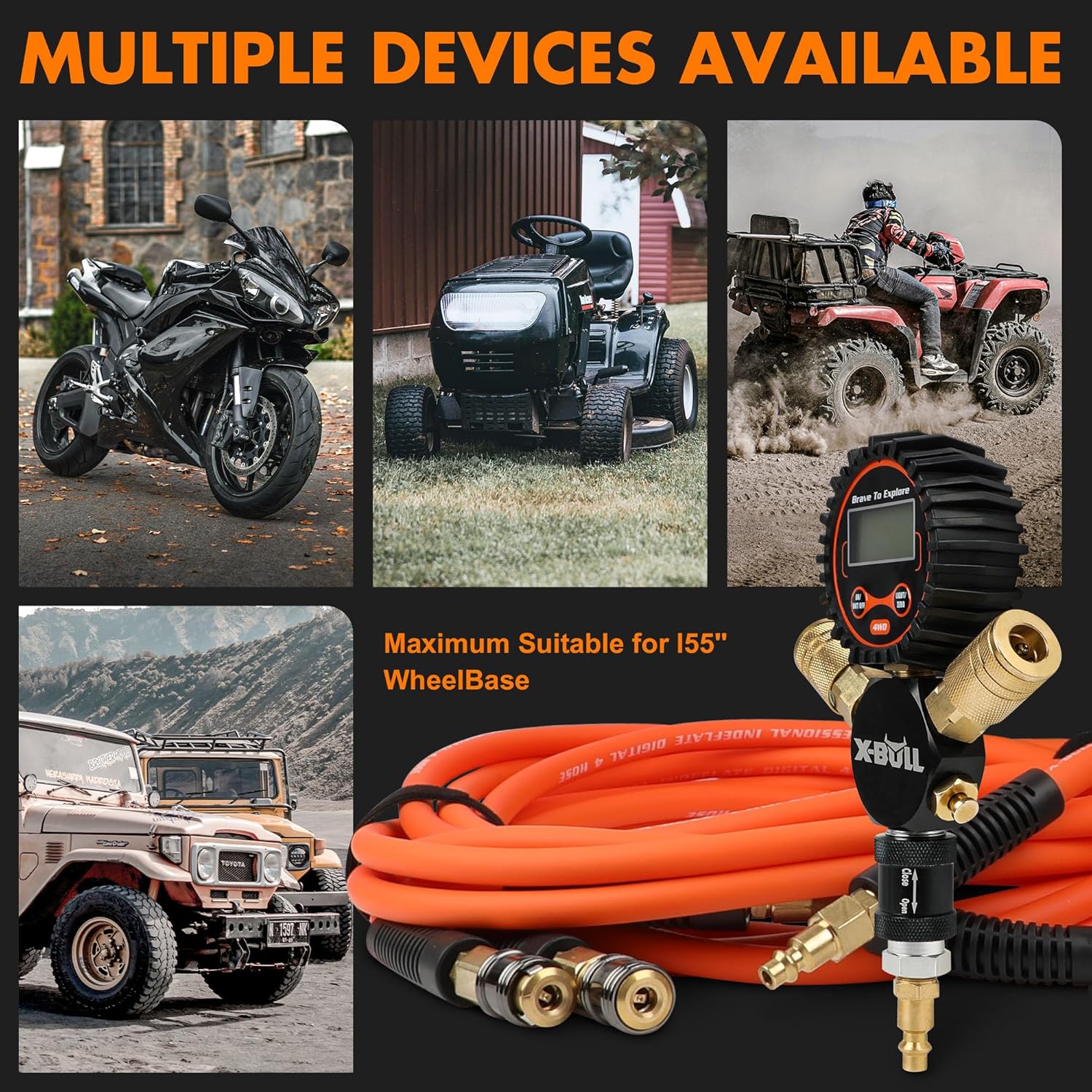 X-BULL 4 Tire Inflation Deflation System, Tire Pressure Equalizer Fits Up to 155" Wheelbase, Tire Air Up Down System, Flexible Air Hose and Digital Tire Pressure Gauge, Quick Connect Air Chucks