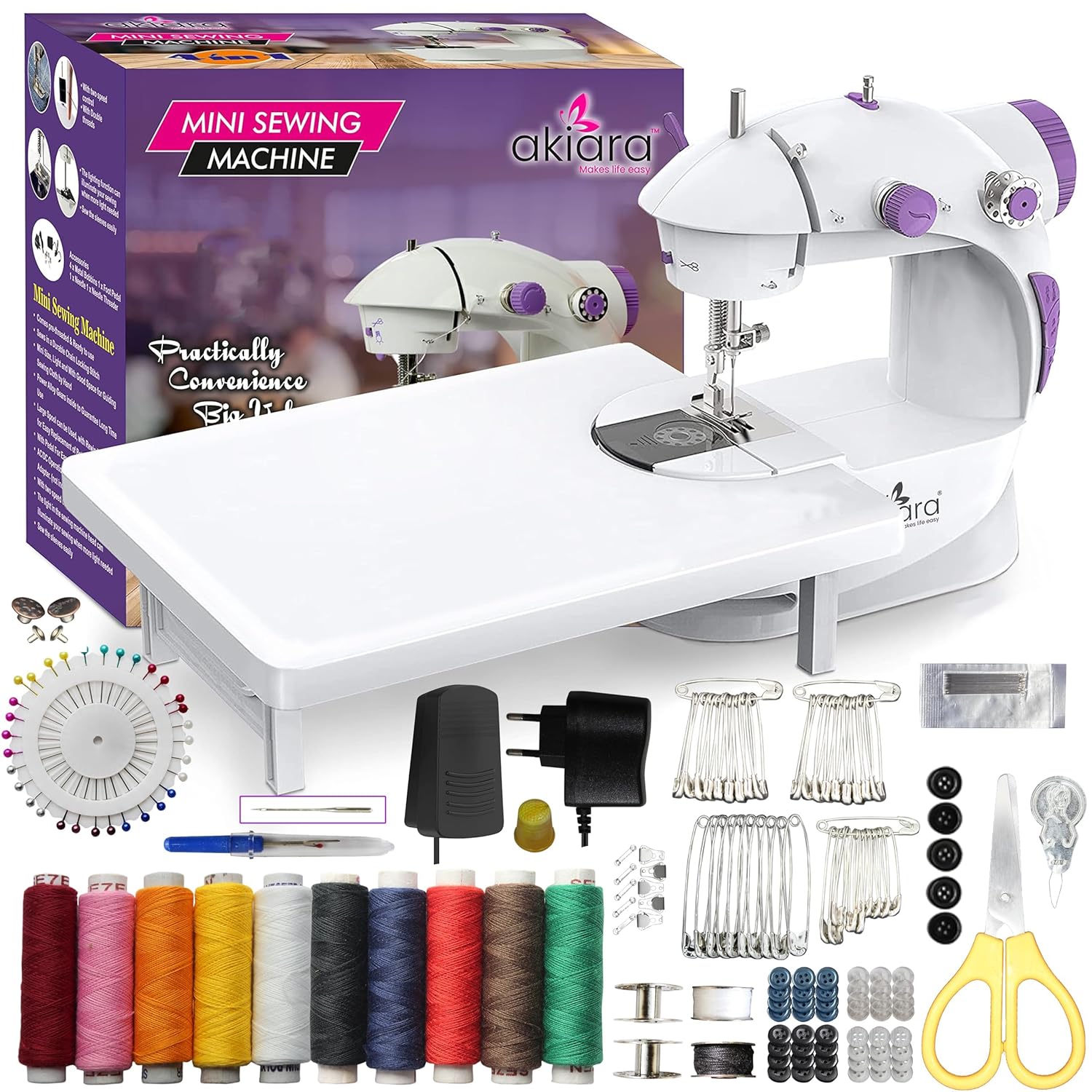 Akiara – Makes life easy Mini Sewing Machine with Table Set | Tailoring Machine | Hand Sewing Machine with extension table, foot pedal, adapter, White (With KIT)