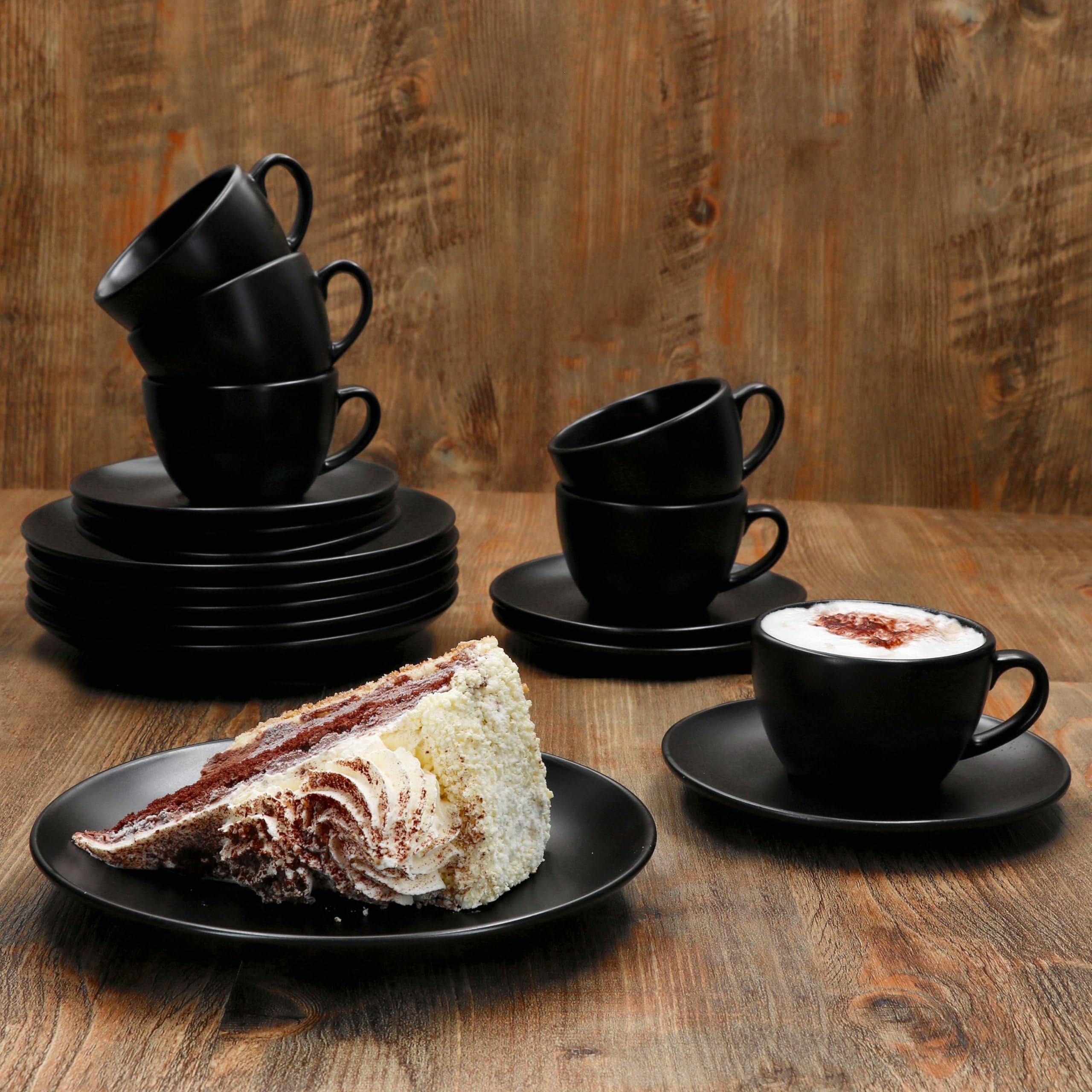 MamboCat Panther Servizio da caffè 18 pezzi, nero, set da caffè in gres opaco per 6 persone, 6 tazze da caffè da 160 ml, piattini e piatti da torta, eleganti stoviglie per colazione e caffè