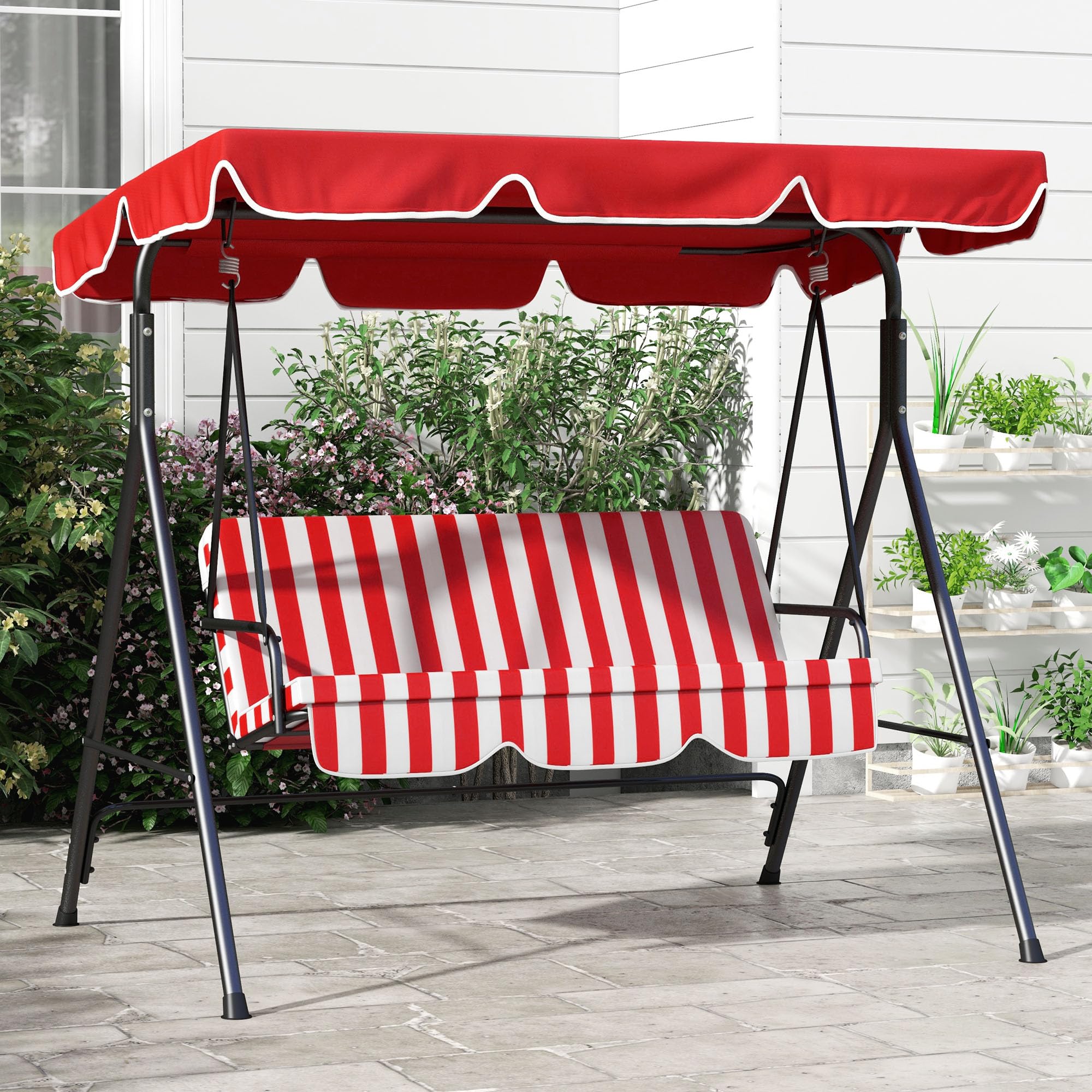 Outsunny Dondolo da Giardino a 3 Posti in Acciaio e Poliestere, Reclinabile Regolabile con Cuscini Seduta e Schienale, Tettuccio Parasole, 1,72 x 1,1 x 1,53 m, Nero e Rosso