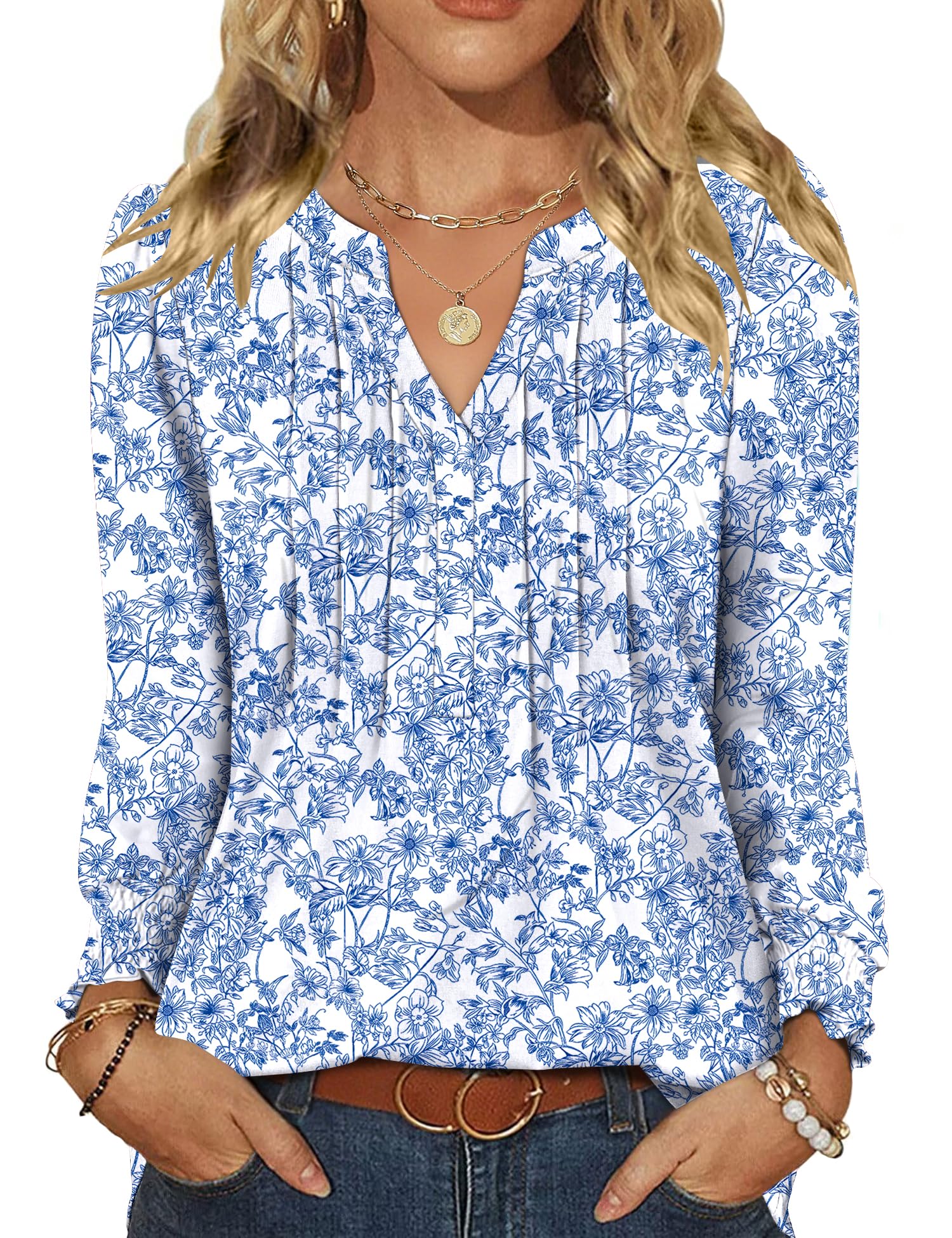 Rapbin Damen Bluse V Ausschnitt Oberteile Langarmshirt Elegant Tunika Lässige Blusenshirt Casual Shirt Frühling Festival Outfit Weiß-blau Druck XXL